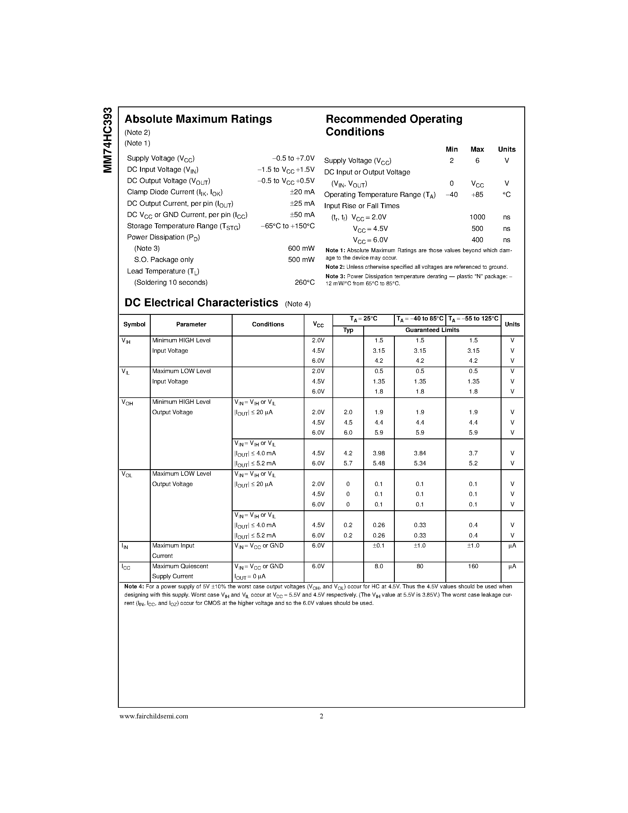 Datasheet MM74HC393M - Dual 4-Bit Binary Counter page 2