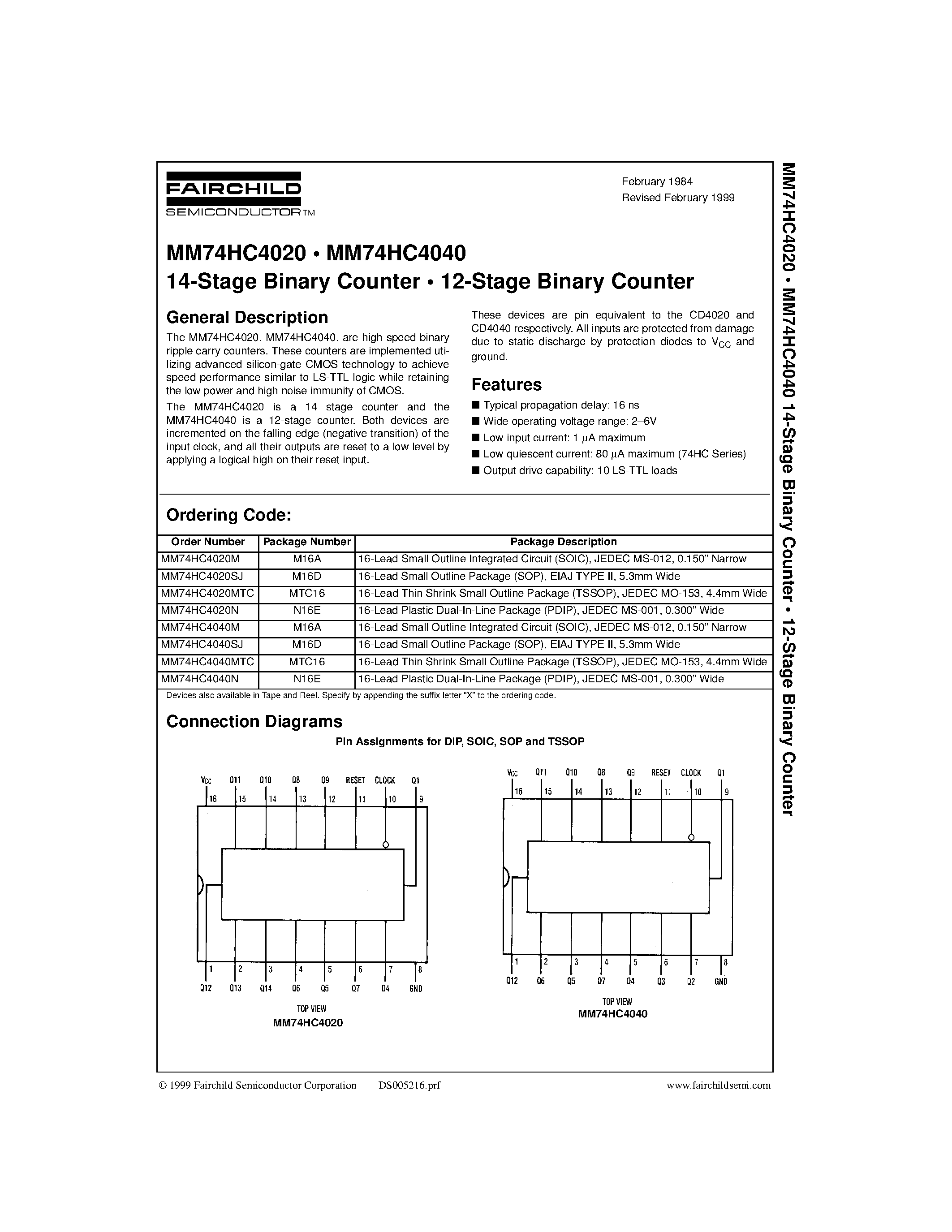 Даташит MM74HC4020M - 14-Stage Binary Counter 12-Stage Binary Counter страница 1