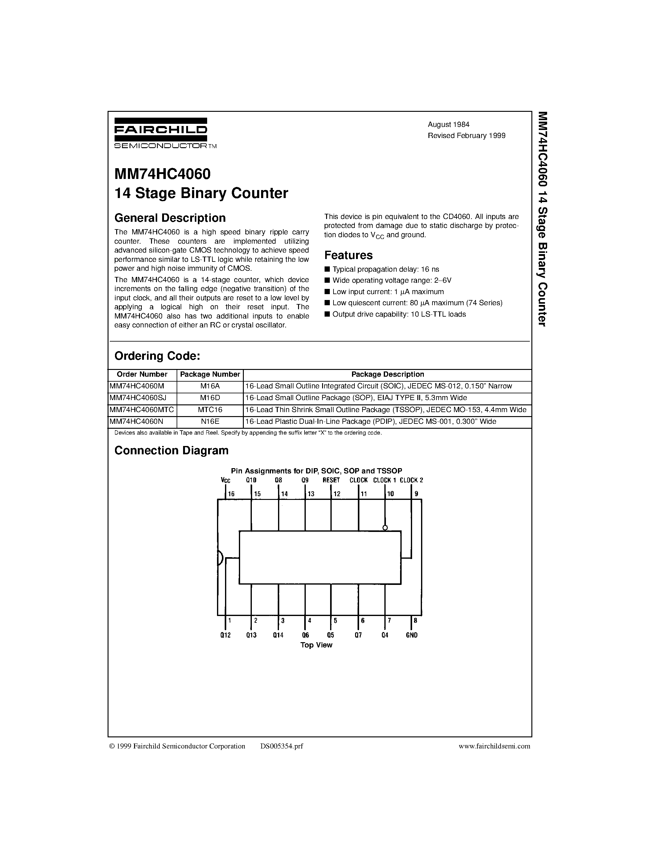 Даташит на микросхему MM74HC4060M страница 1 Даташит MM74HC4060M - 14 Stage Binary Counter страница 1