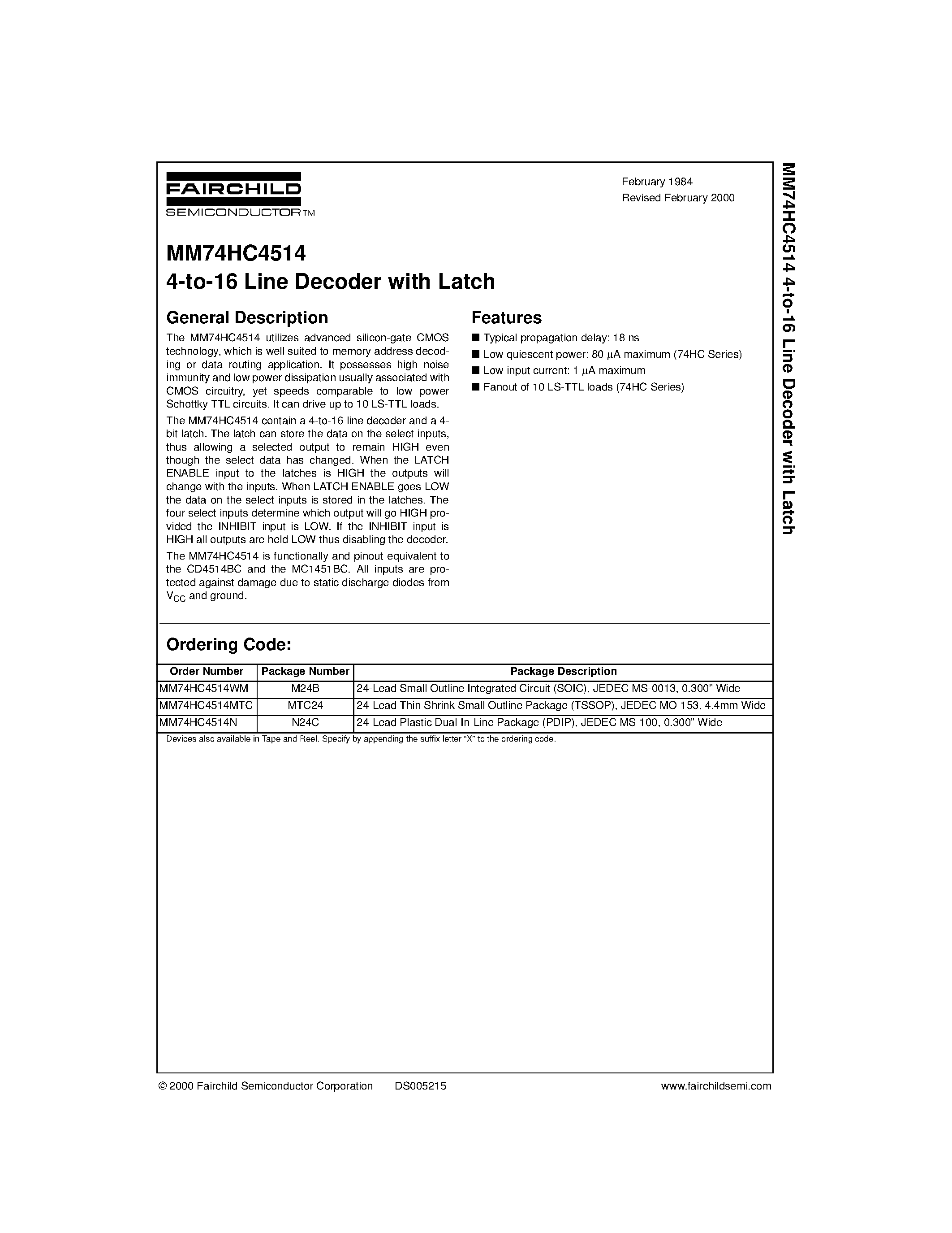 Datasheet MM74HC4514 - 4-to-16 Line Decoder with Latch page 1