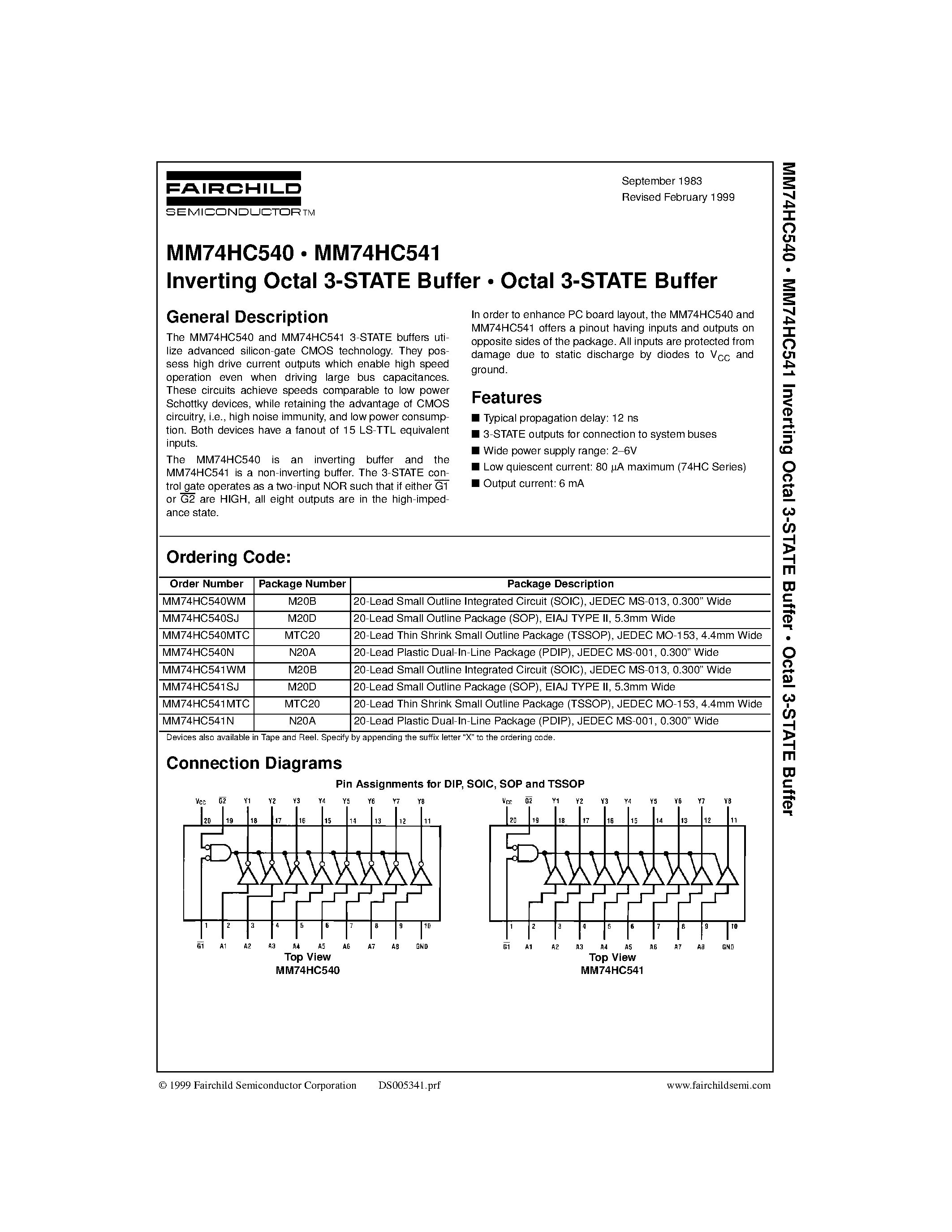 Datasheet MM74HC541MTC - Inverting Octal 3-STATE Buffer Octal 3-STATE Buffer page 1