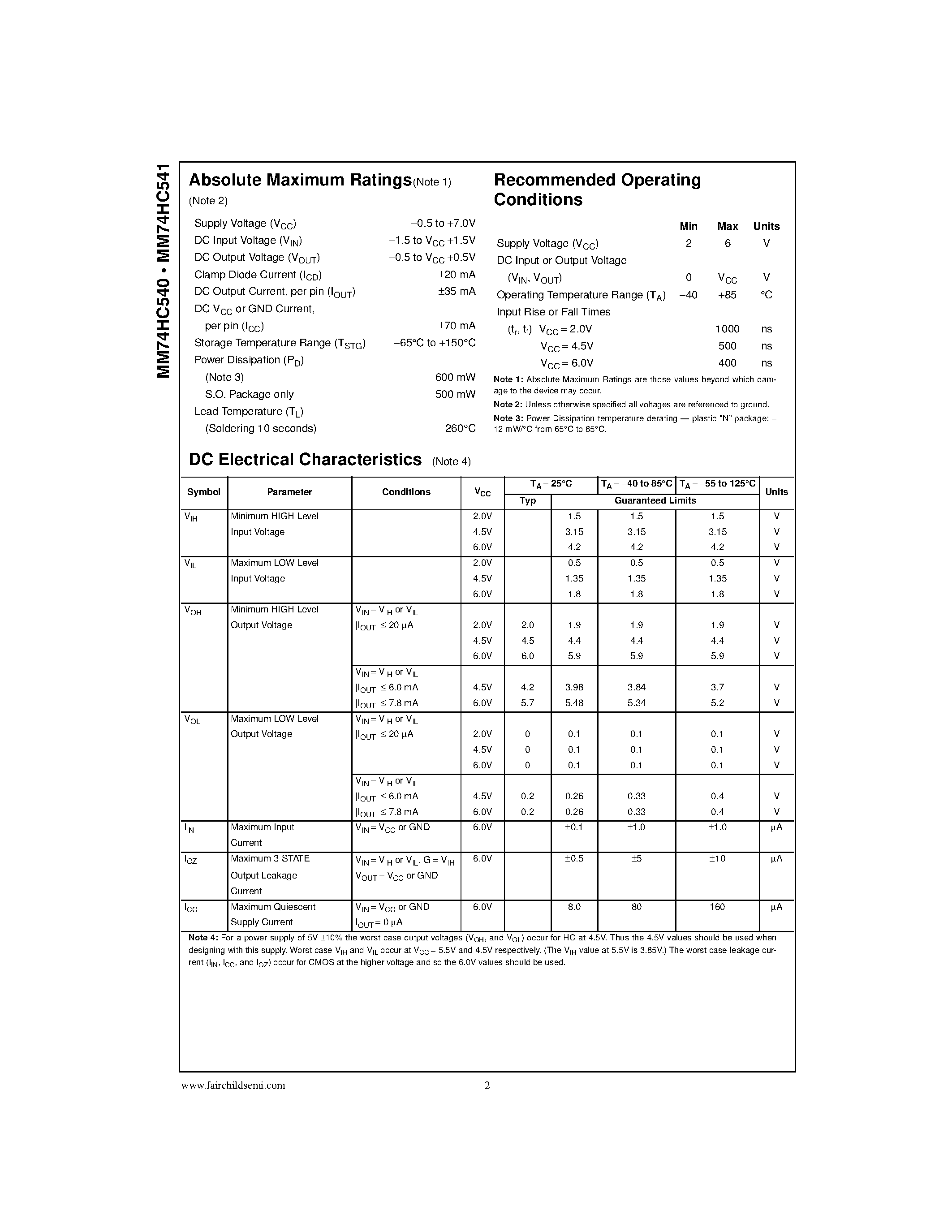 Datasheet MM74HC541MTC - Inverting Octal 3-STATE Buffer Octal 3-STATE Buffer page 2