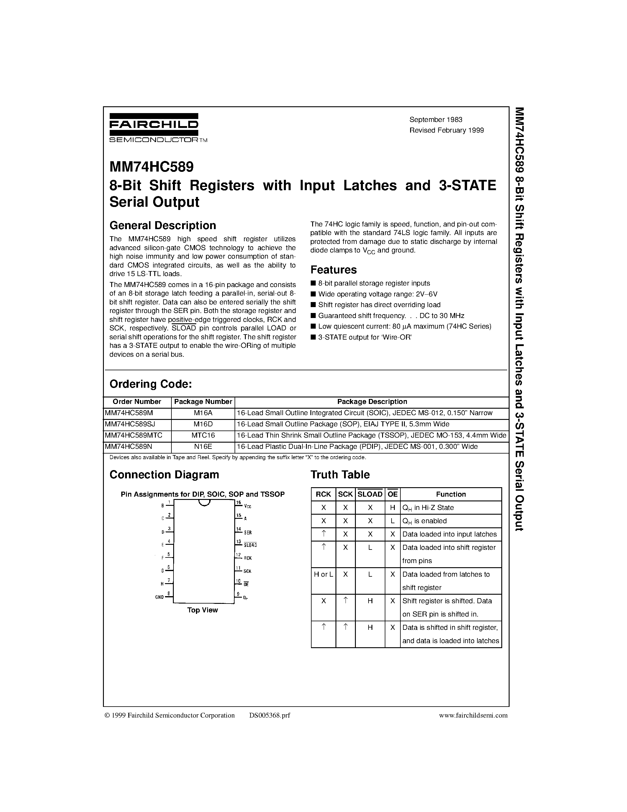 Datasheet MM74HC589N - 8-Bit Shift Registers with Input Latches and 3-STATE Serial Output page 1