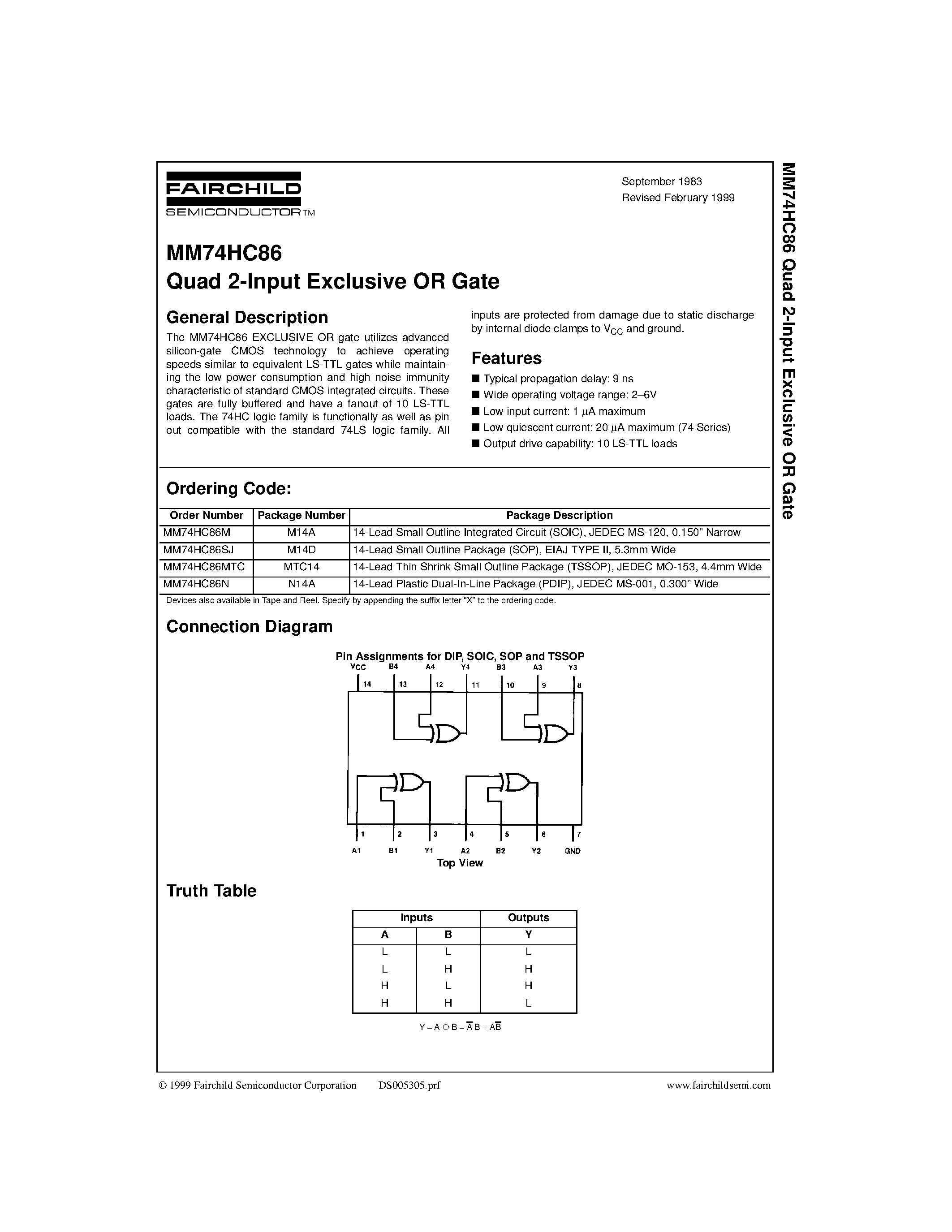 Datasheet MM74HC86M - Quad 2-Input Exclusive OR Gate page 1