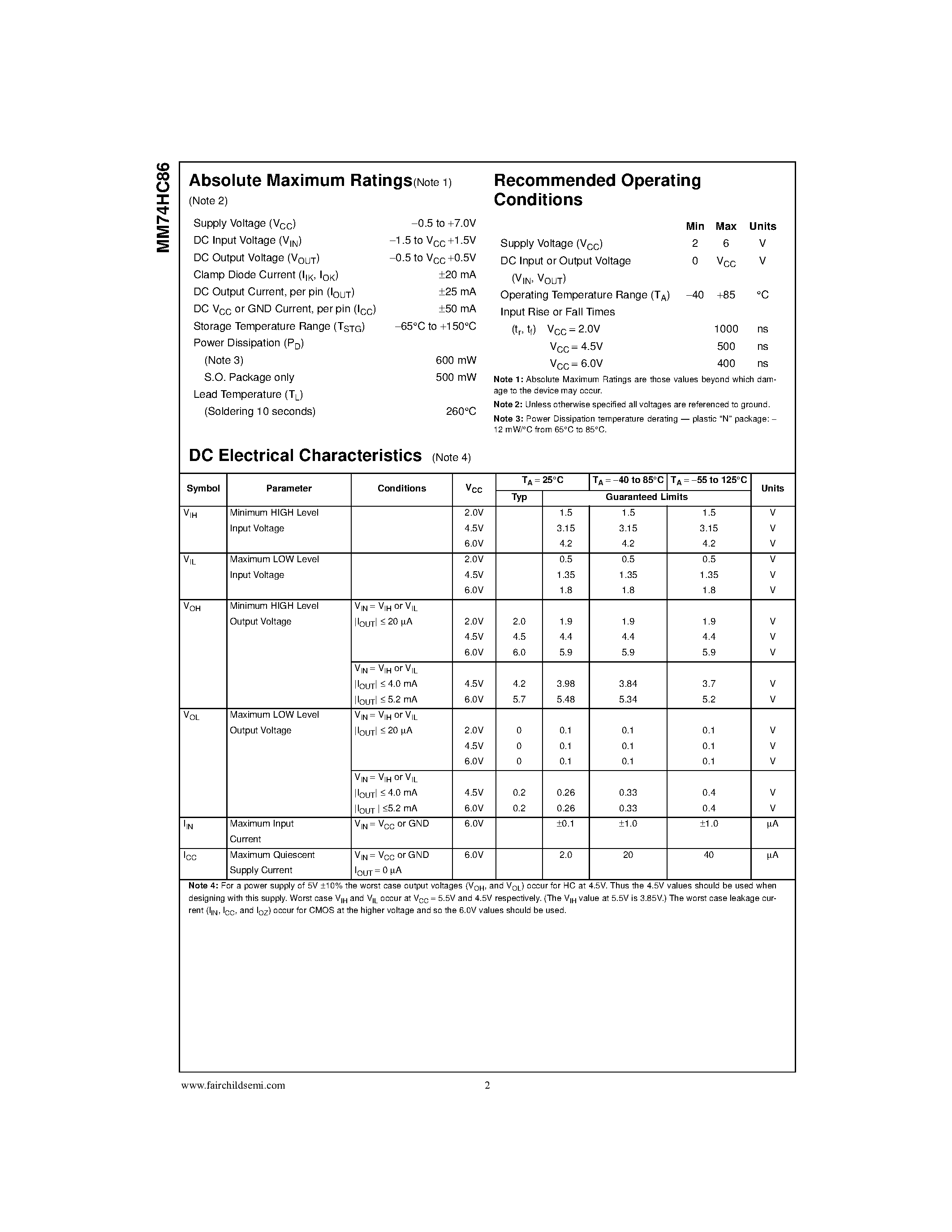 Datasheet MM74HC86M - Quad 2-Input Exclusive OR Gate page 2