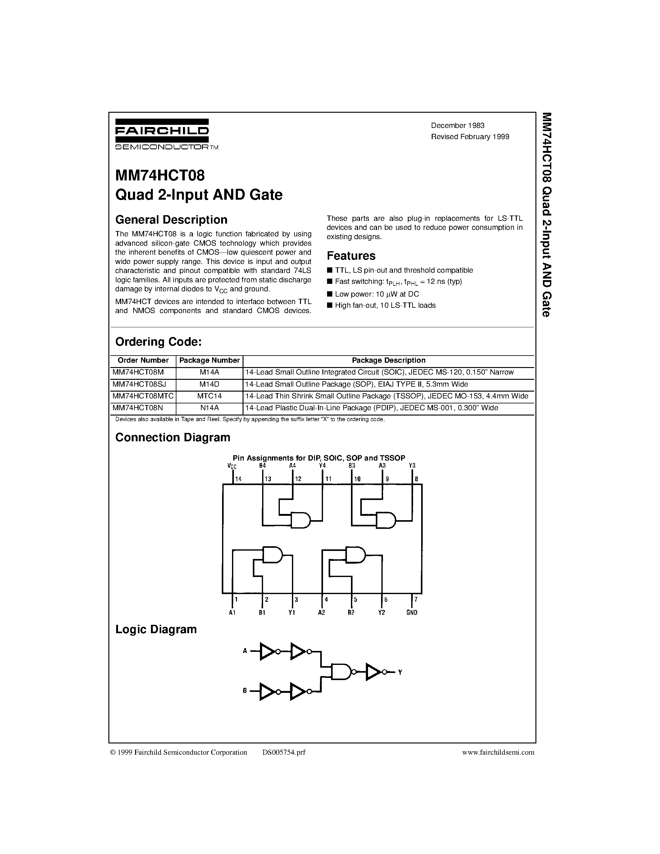 Даташит на микросхему MM74HCT08N страница 1 Даташит MM74HCT08N - Quad 2-Input AND Gate страница 1