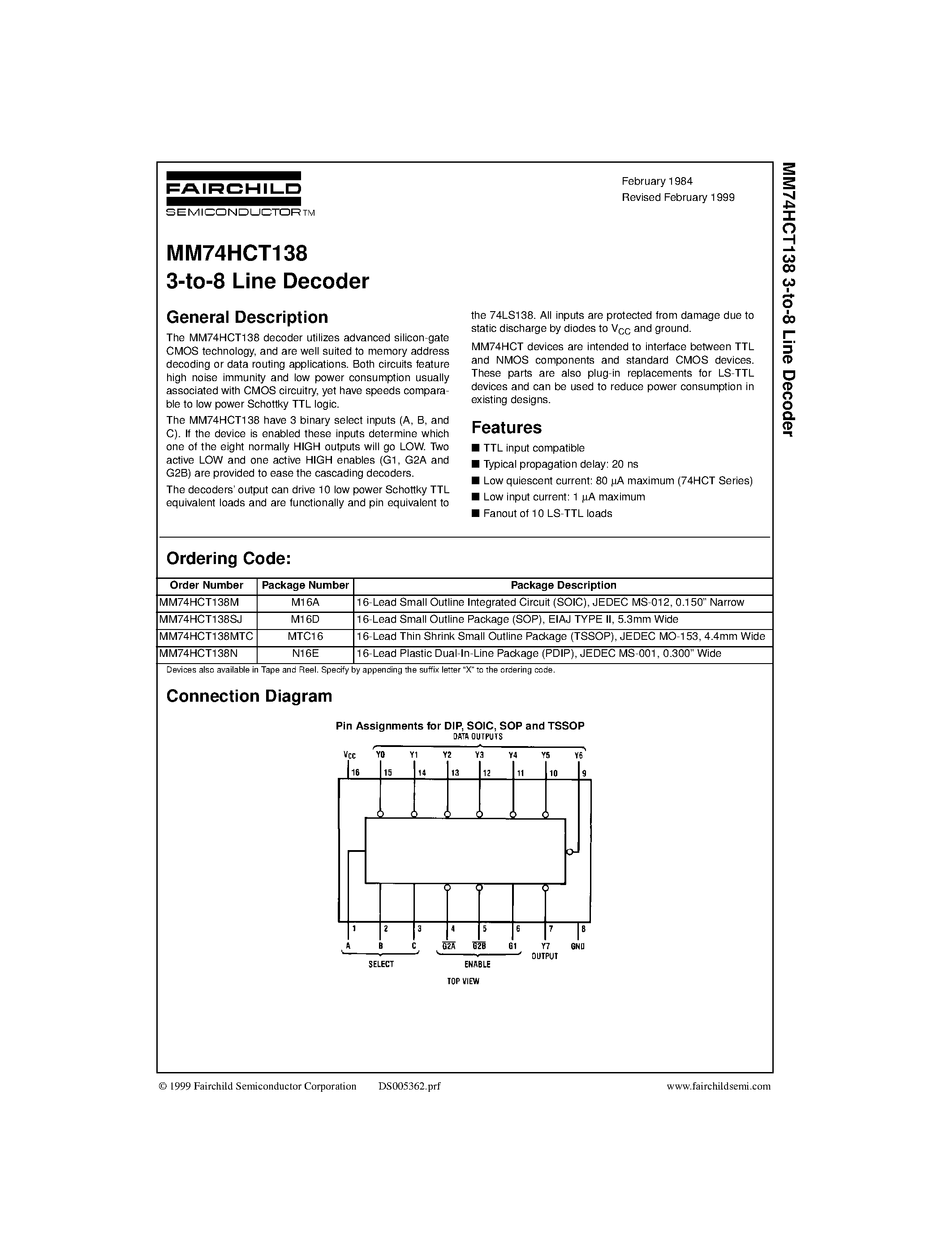 Даташит на микросхему MM74HCT138SJ страница 1 Даташит MM74HCT138SJ - 3-to-8 Line Decoder страница 1