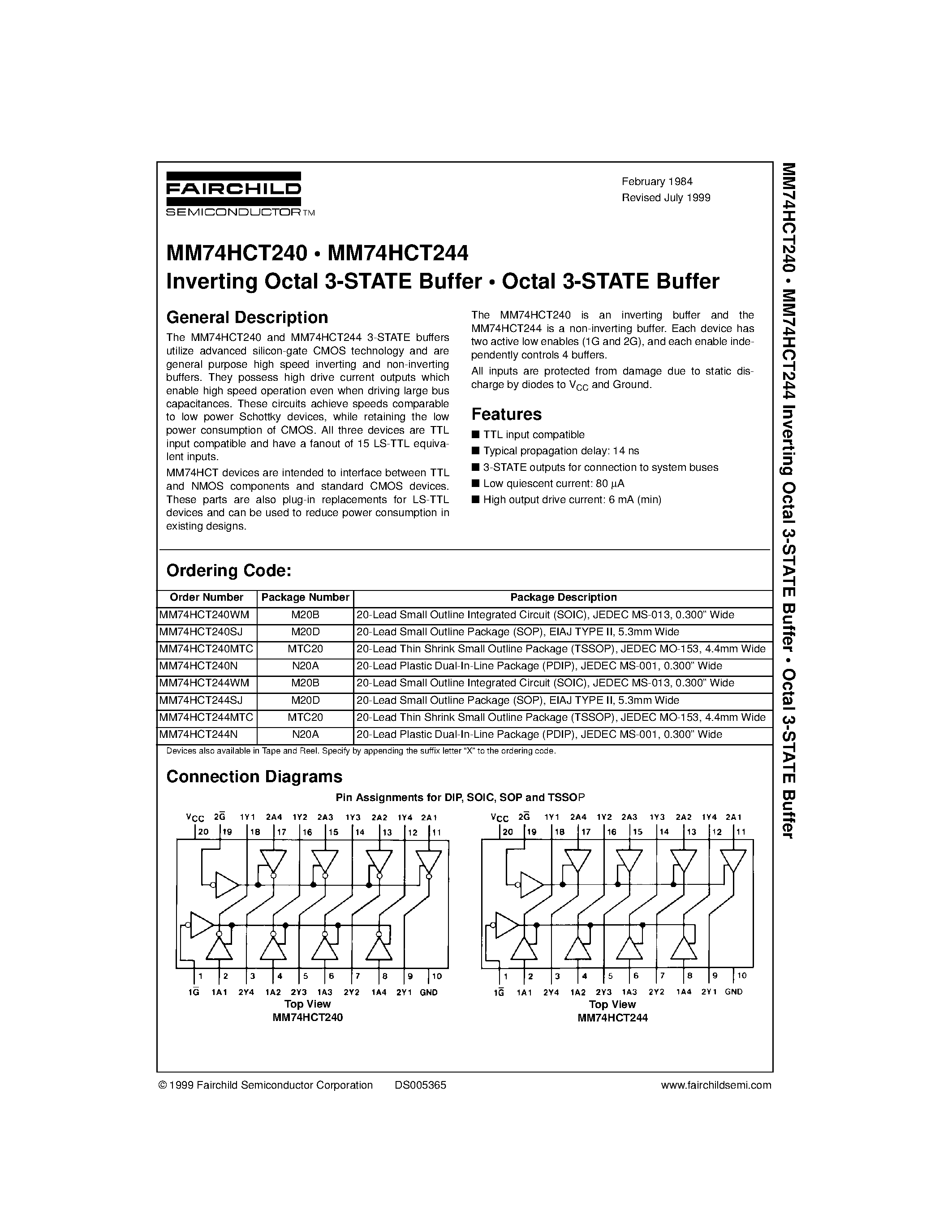 Datasheet MM74HCT244WM - Inverting Octal 3-STATE Buffer Octal 3-STATE Buffer page 1