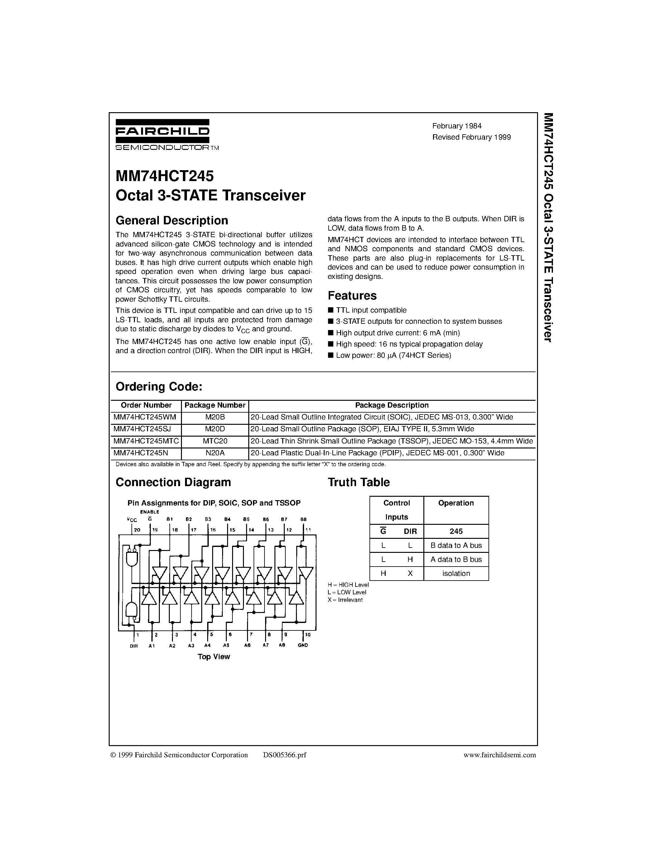 Даташит на микросхему MM74HCT245MTC страница 1 Даташит MM74HCT245MTC - Octal 3-STATE Transceiver страница 1
