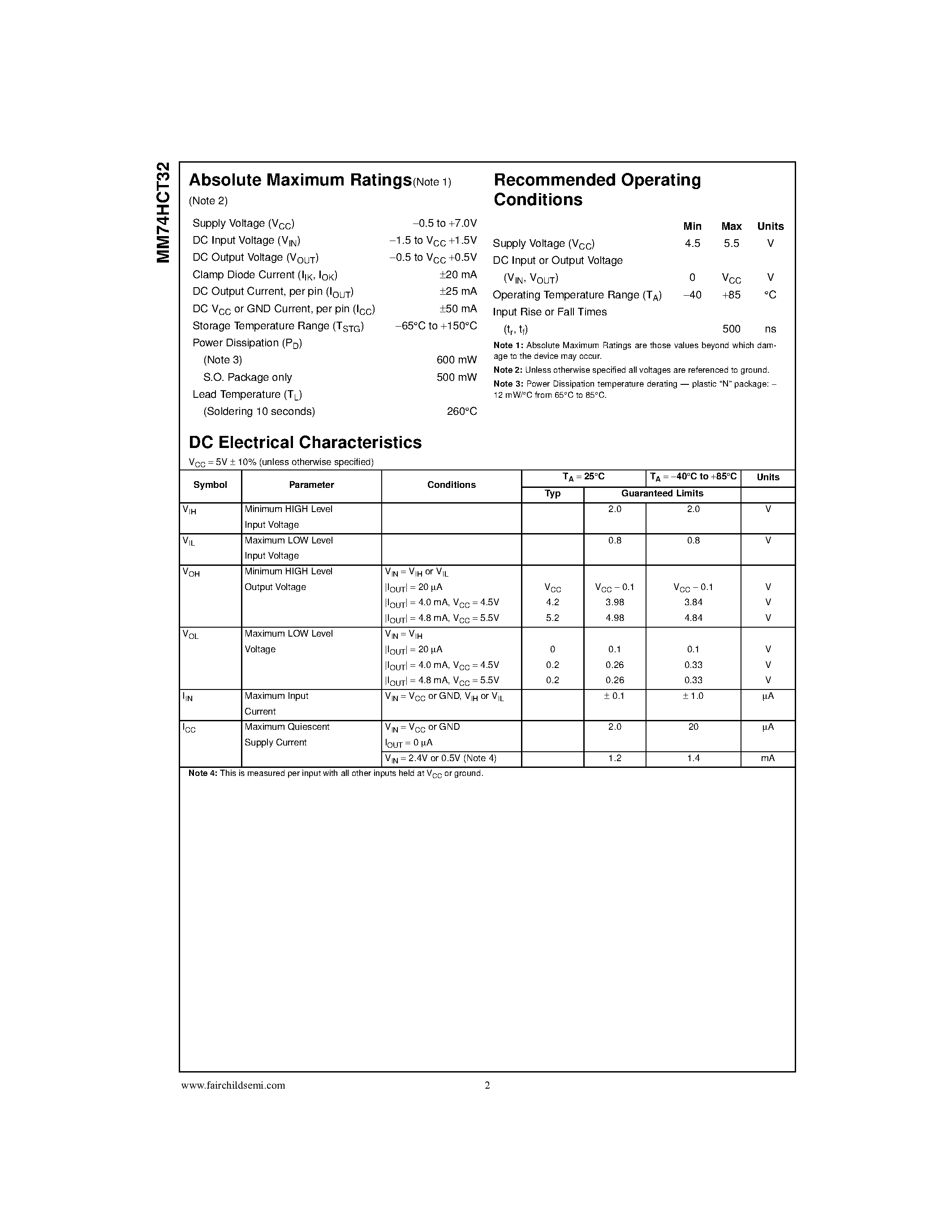 Datasheet MM74HCT32 - Quad 2-Input OR Gate page 2