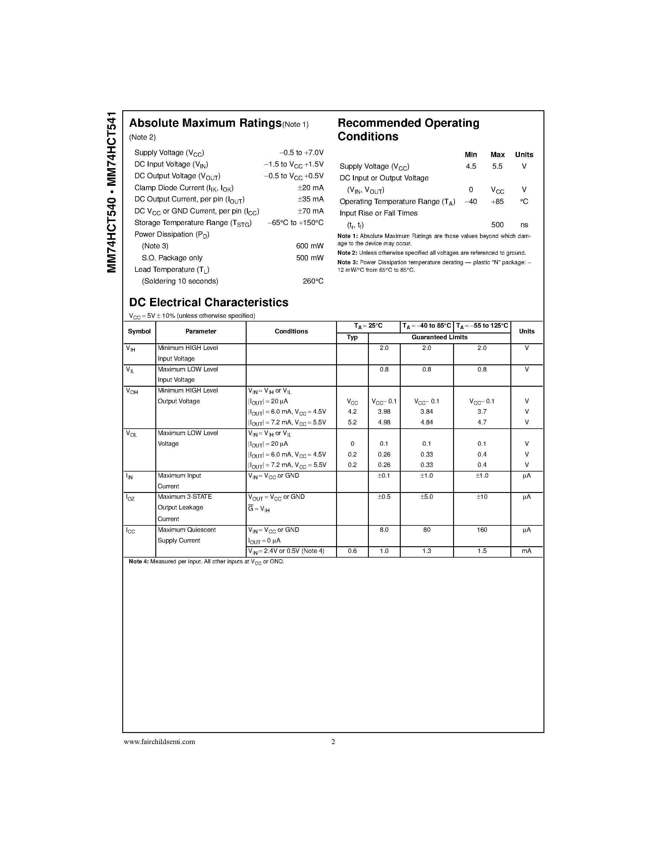 Datasheet MM74HCT540 - Inverting Octal 3-STATE Buffer Octal 3-STATE Buffer page 2