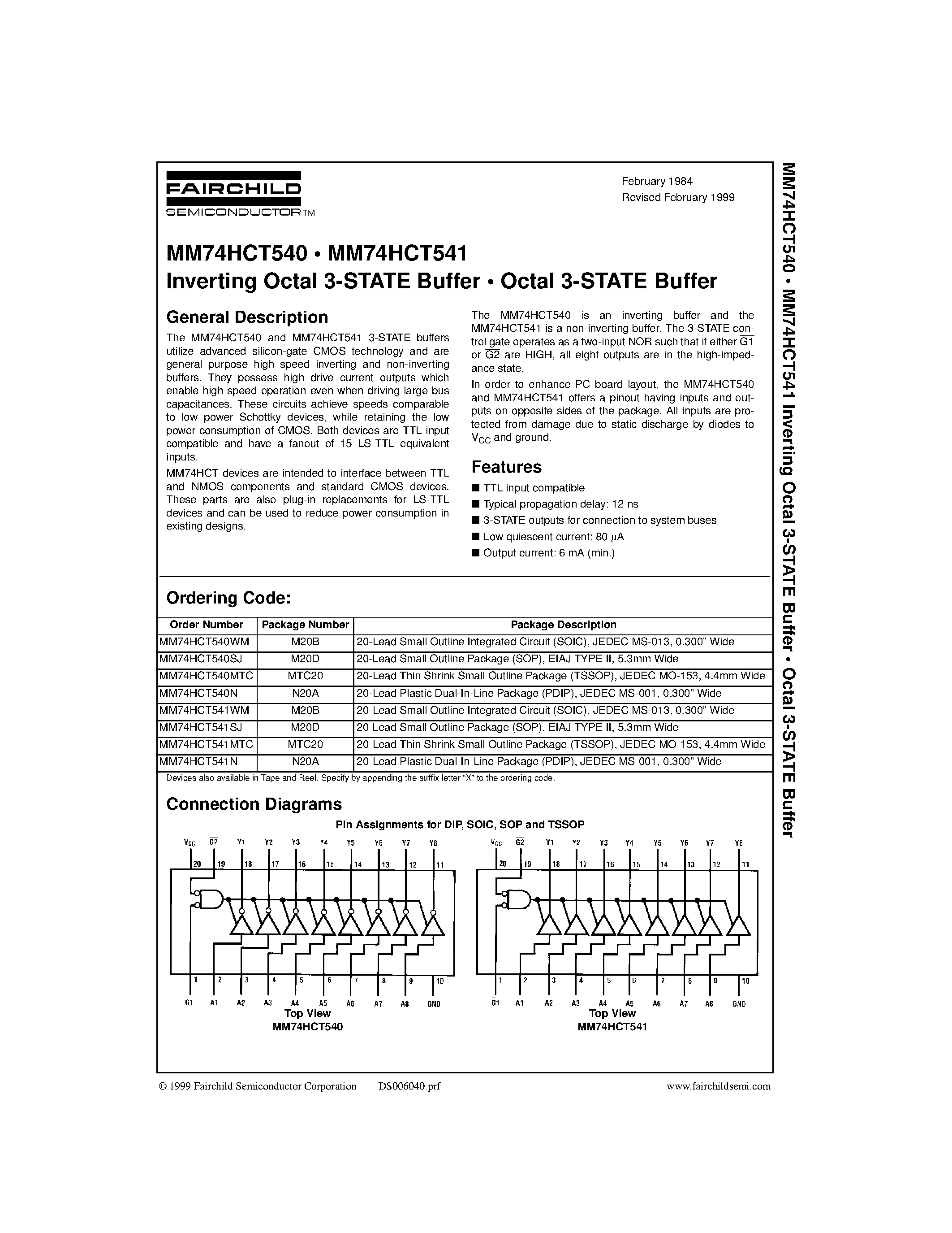 Datasheet MM74HCT541 - Inverting Octal 3-STATE Buffer Octal 3-STATE Buffer page 1