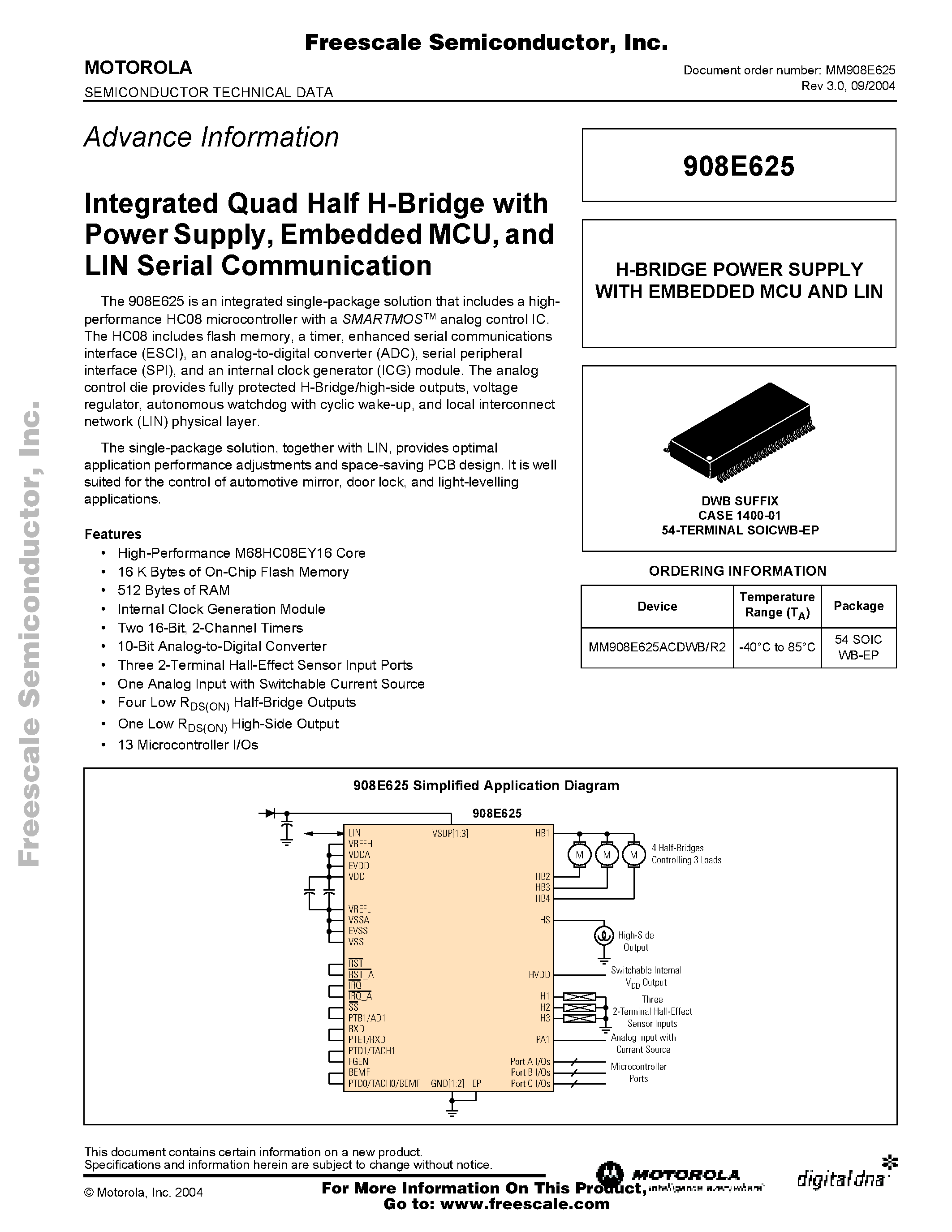 Даташит MM908E625 - Integrated Quad Half H-Bridge with Power Supply / Embedded MCU / and LIN Serial Communication страница 1