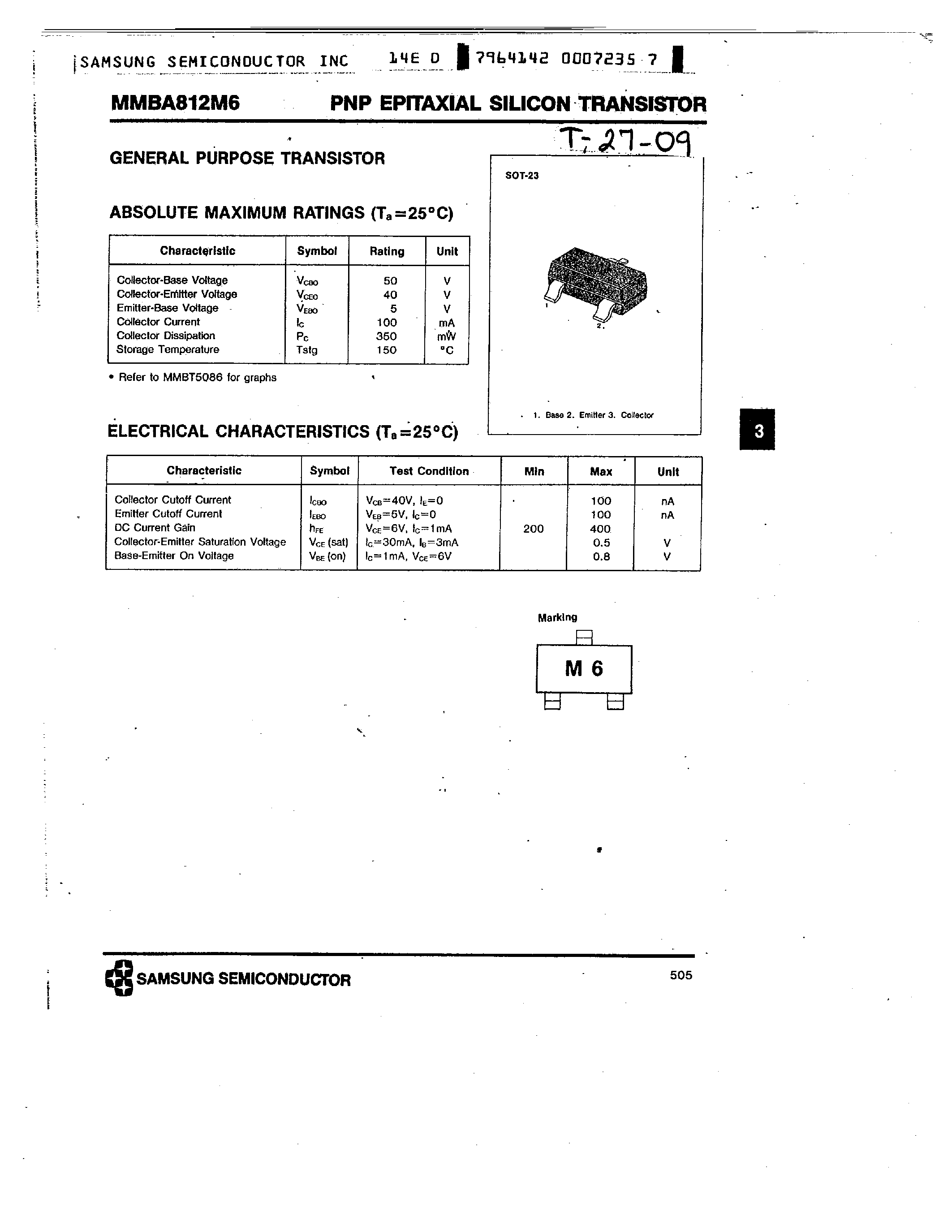 Даташит MMBA812M6 - PNP EPITAXIAL PLANAR TRANSISTOR(General Purpose Transistor) страница 1