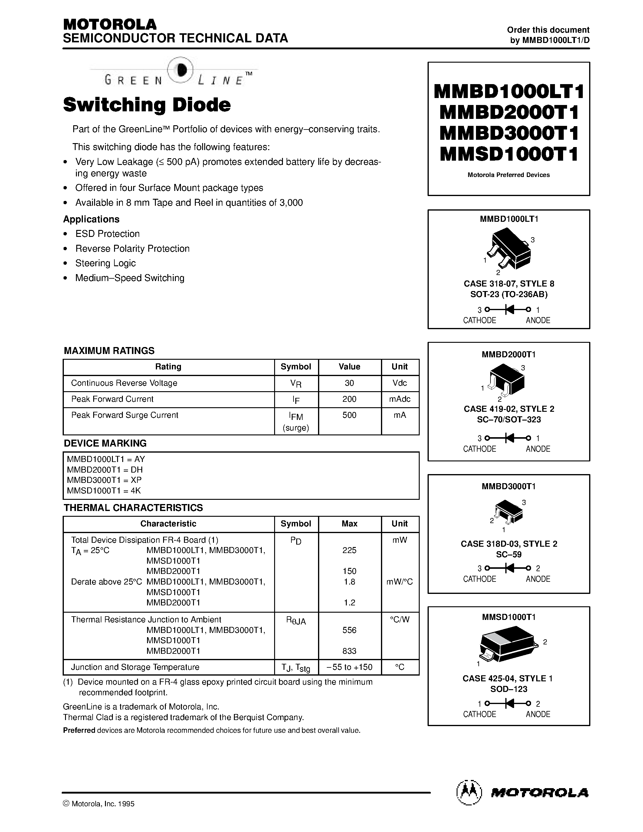 Datasheet MMBD1000LT1 - Switching Diode page 1