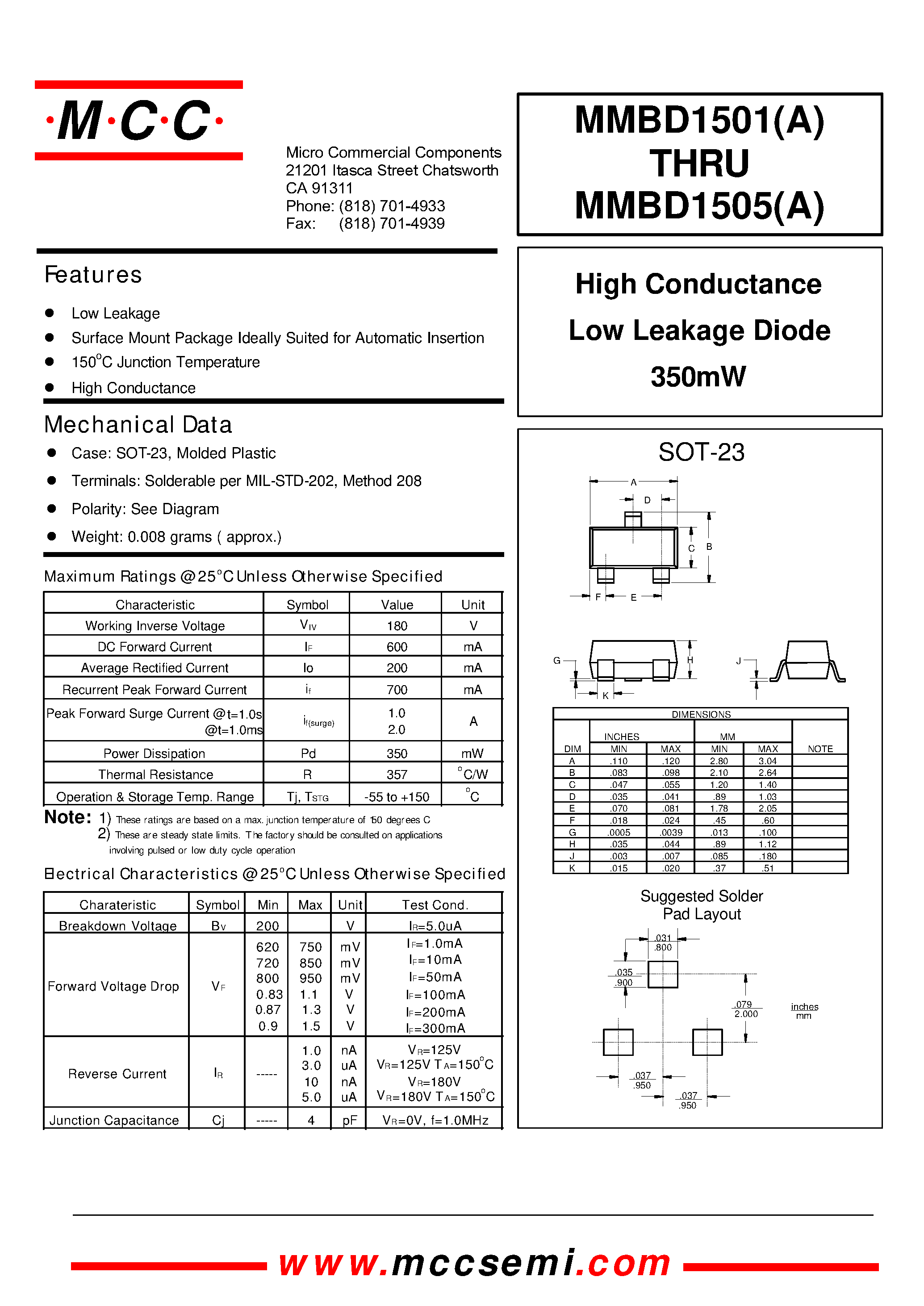 Даташит на микросхему MMBD1501 страница 1 Даташит MMBD1501 - High Conductance Low Leakage Diode 350mW страница 1