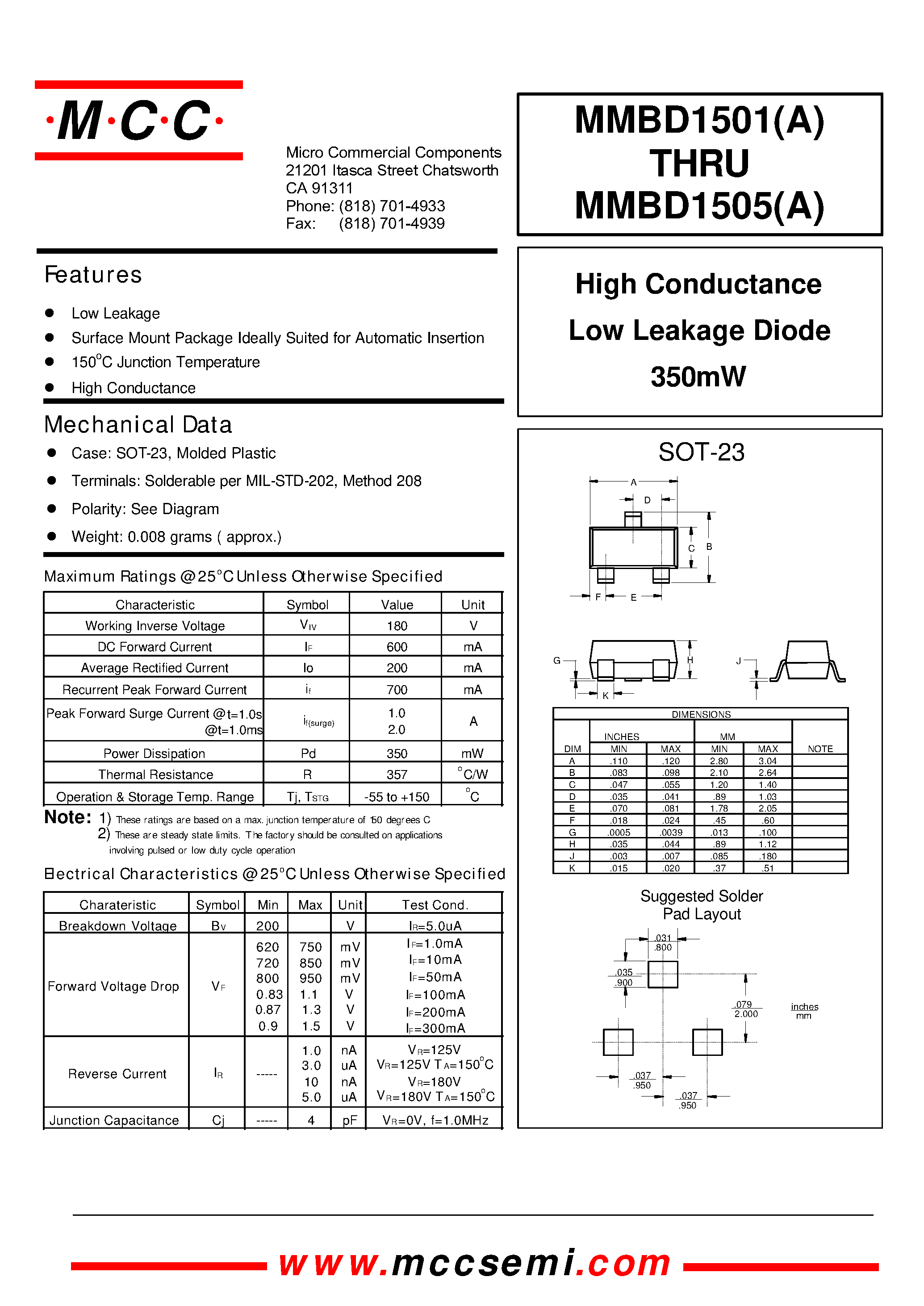 Даташит MMBD1501A - High Conductance Low Leakage Diode 350mW страница 1