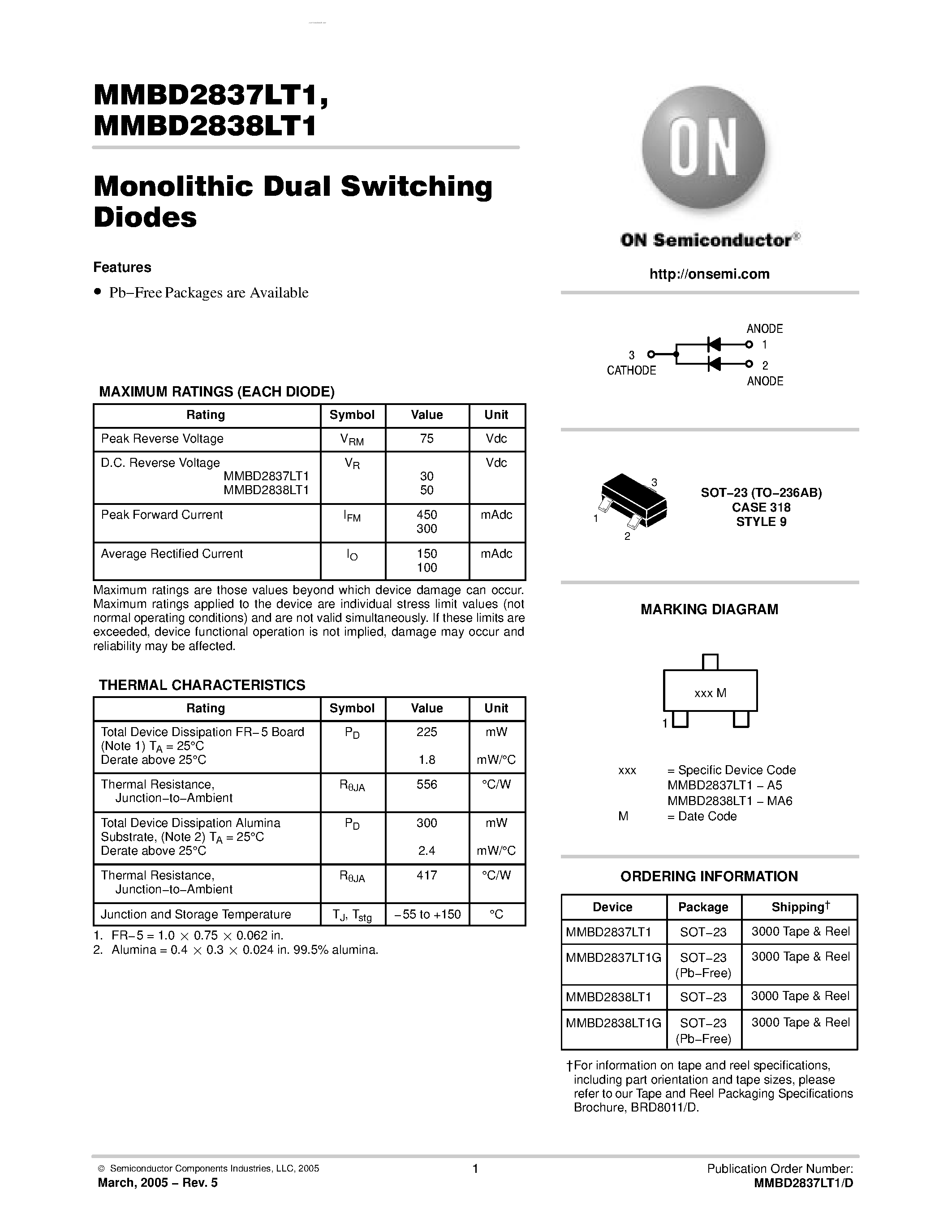 Datasheet MMBD2838LT1 - Monolithic Dual Switching Diodes page 1