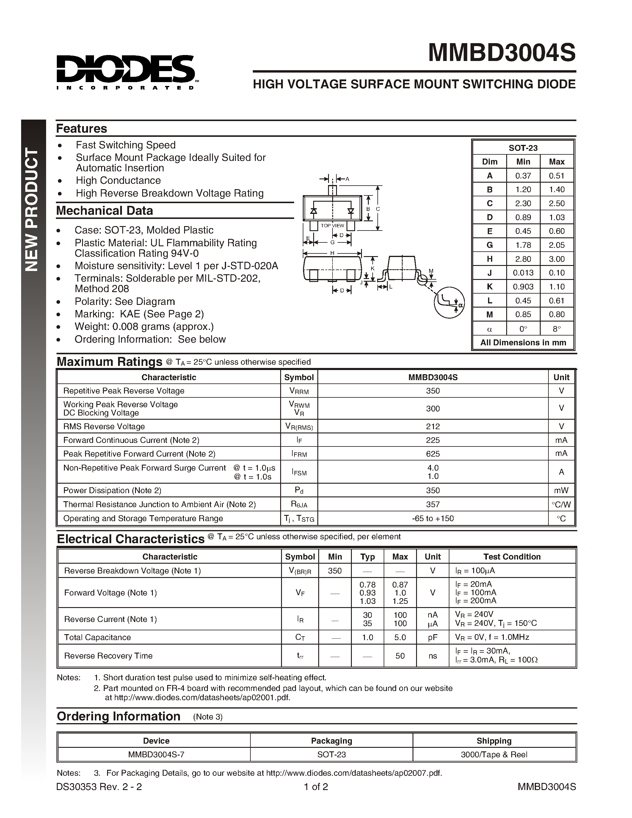Datasheet MMBD3004S-7 - HIGH VOLTAGE SURFACE MOUNT SWITCHING DIODE page 1