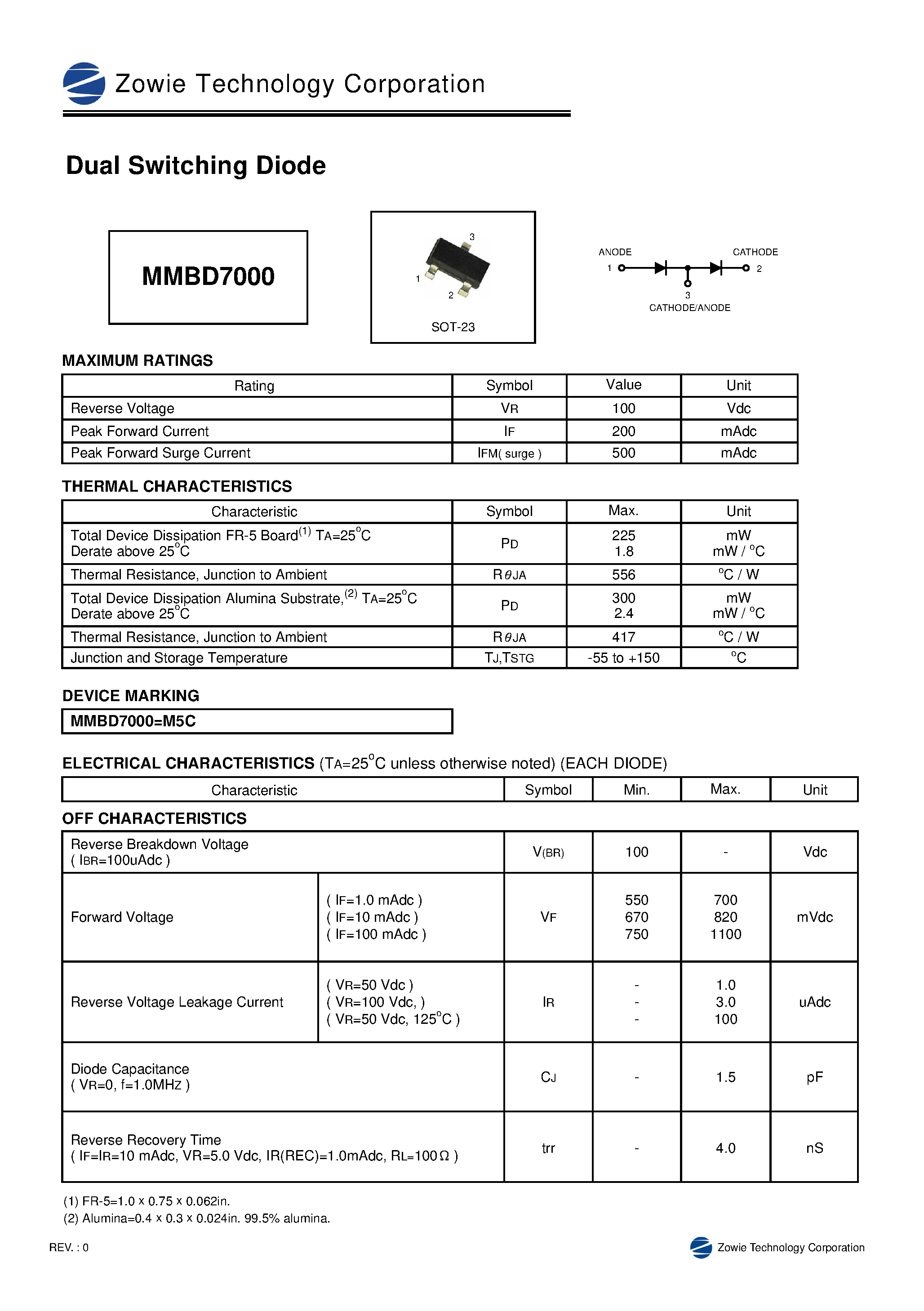 Даташит на микросхему MMBD7000 страница 1 Даташит MMBD7000 - DUAL SWITCHING DIODE страница 1