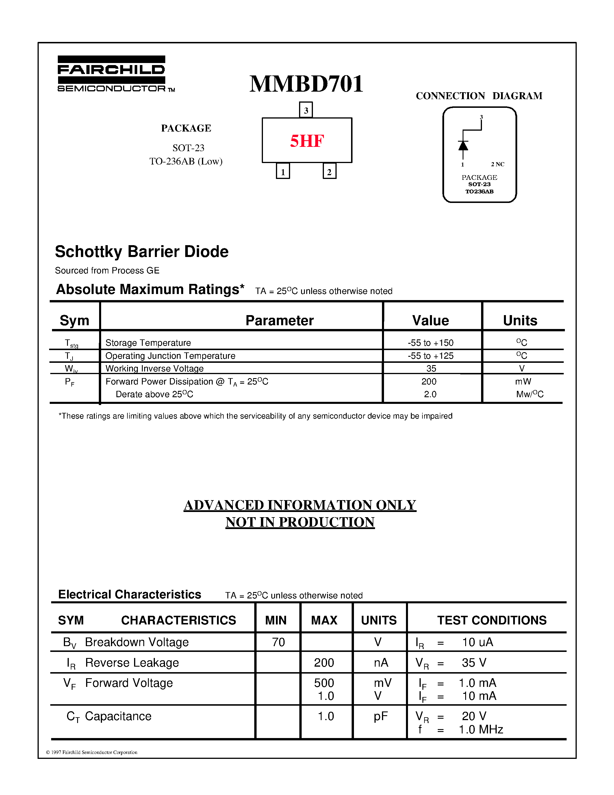 Datasheet MMBD701 - Schottky Barrier Diode page 1