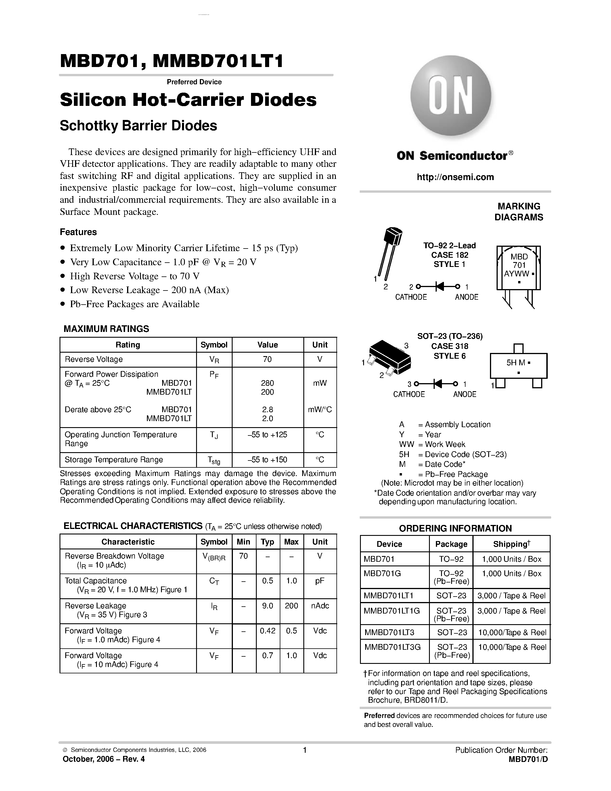 Даташит MMBD701LT1 - SILICON HOT-CARRIER DETECTOR AND SWITCHING DIODES страница 1