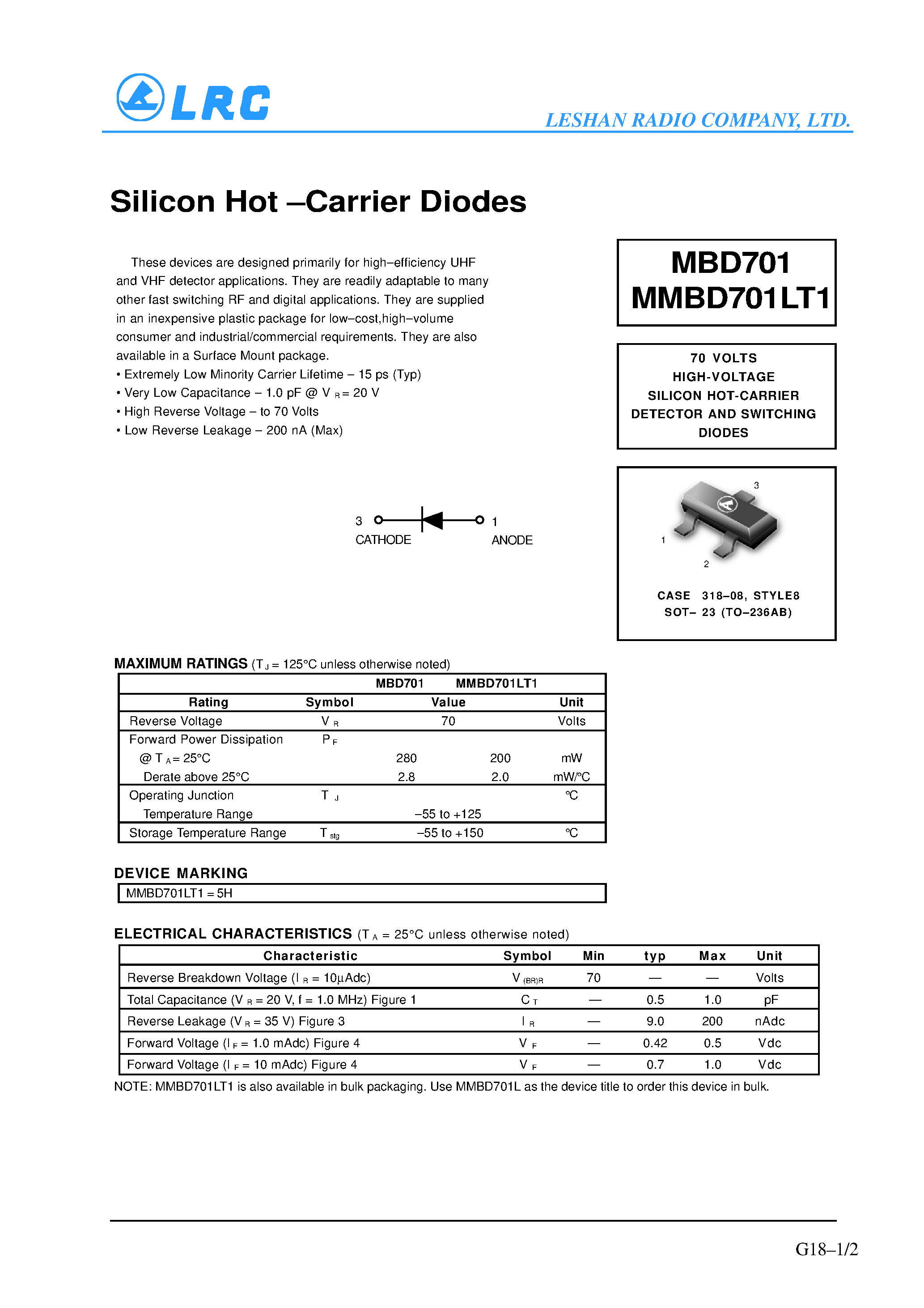 Datasheet MMBD701LT1 - Silicon Hot-Carrier Diodes page 1