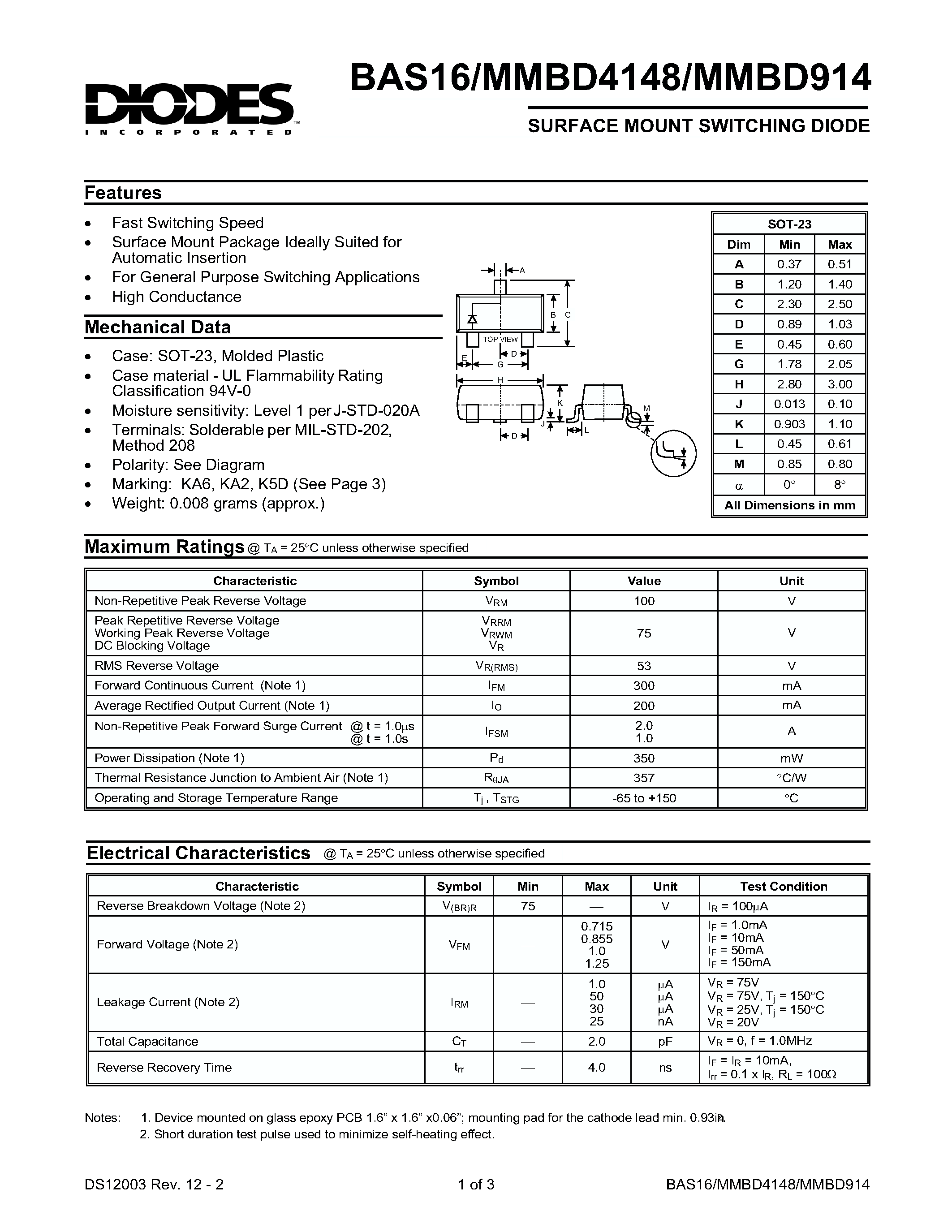 Datasheet MMBD914-7 - SURFACE MOUNT SWITCHING DIODE page 1