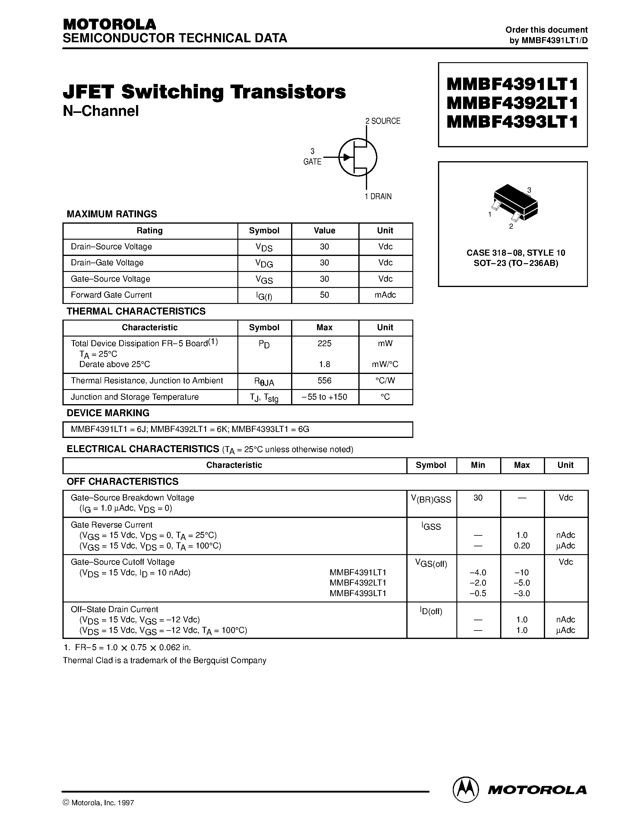 Даташит MMBF4392L - JFET Switching Transistors страница 1