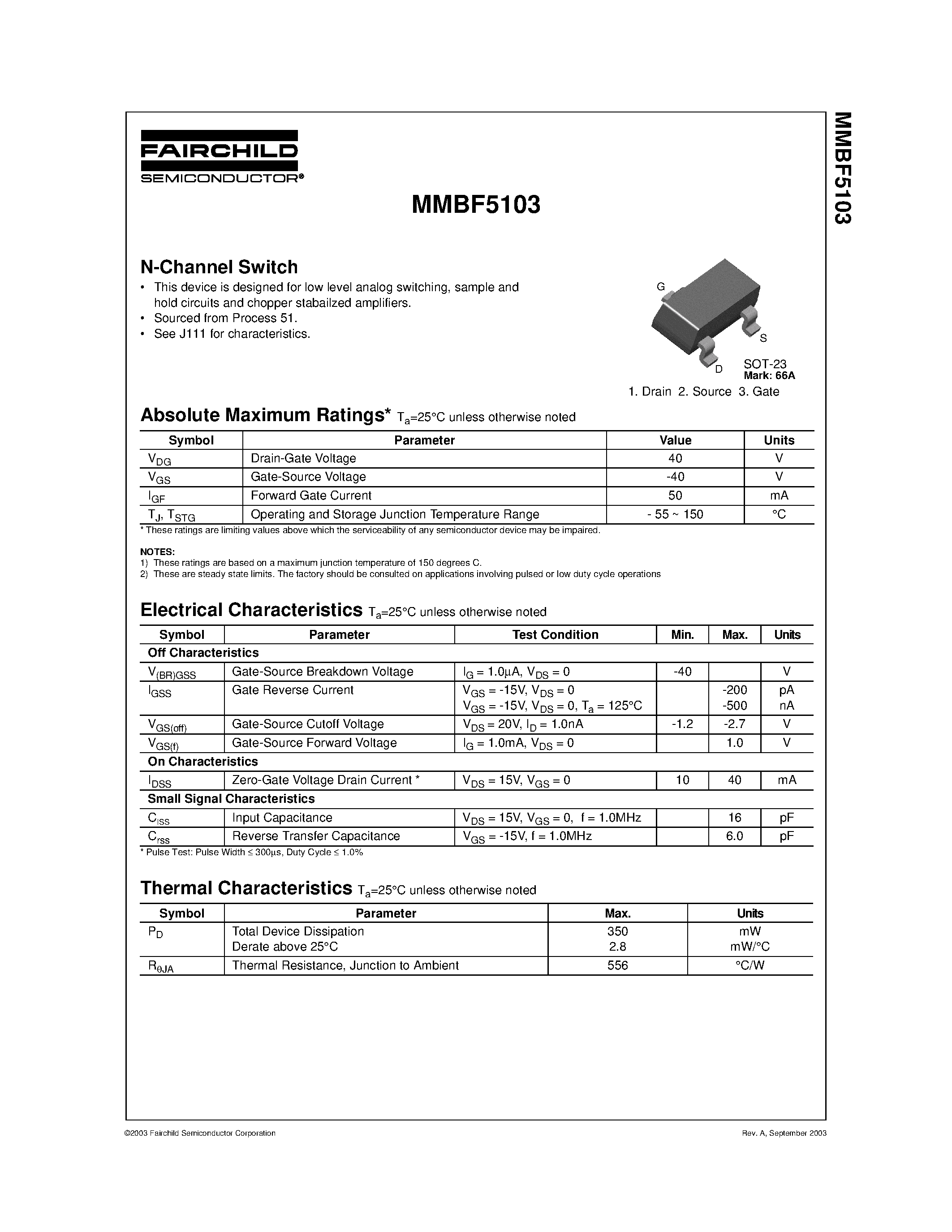 Даташит на микросхему MMBF5103 страница 1 Даташит MMBF5103 - N-Channel Switch страница 1