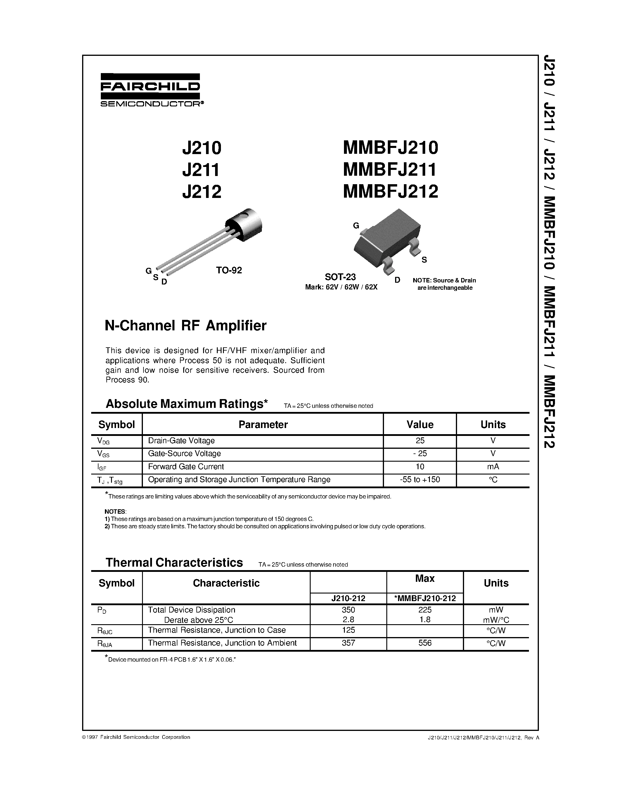 Даташит на микросхему MMBFJ212 страница 1 Даташит MMBFJ212 - N-Channel RF Amplifier страница 1