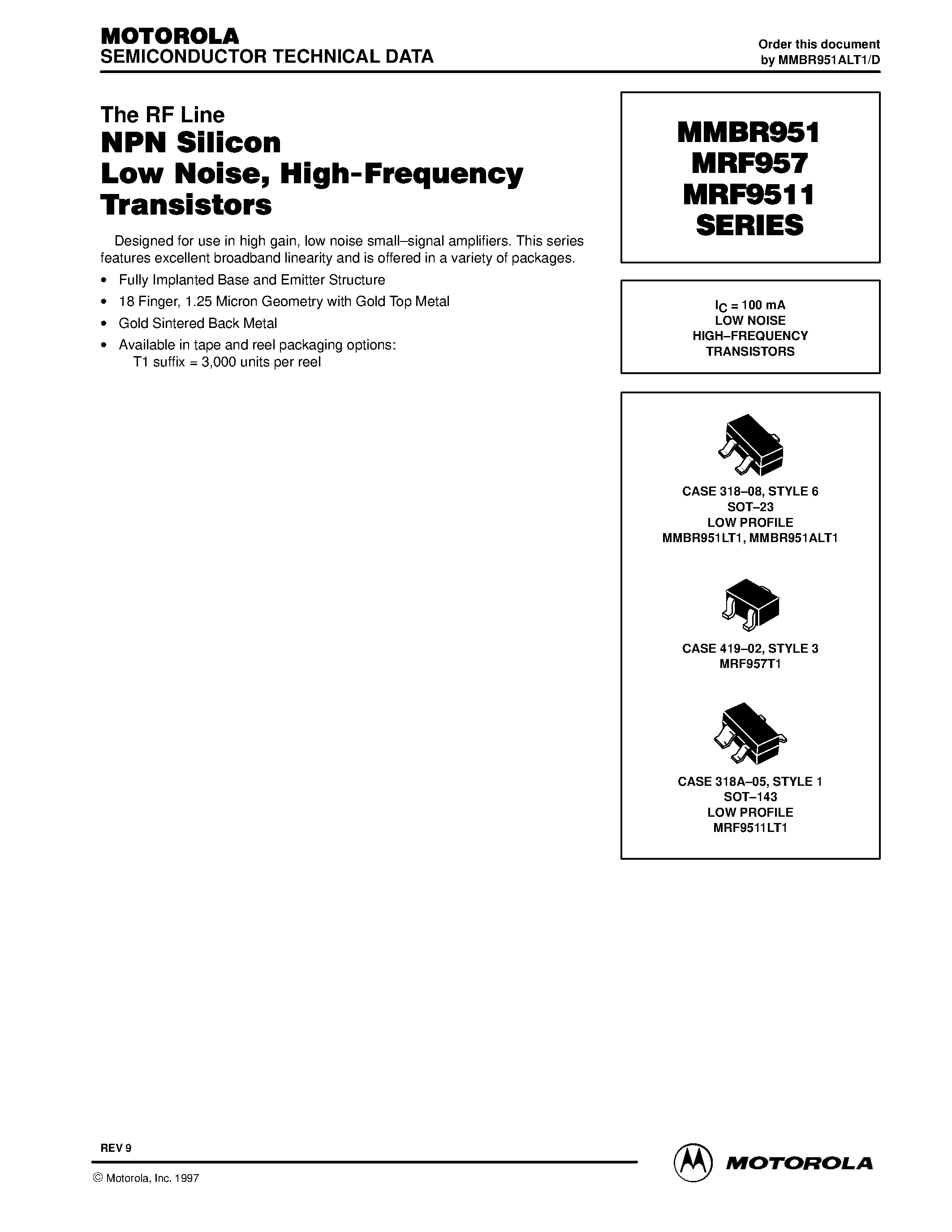 Datasheet MMBR951ALT1 page 1 Datasheet MMBR951ALT1 - NPN Silicon Low Noise / High-Frequency Transistors page 1