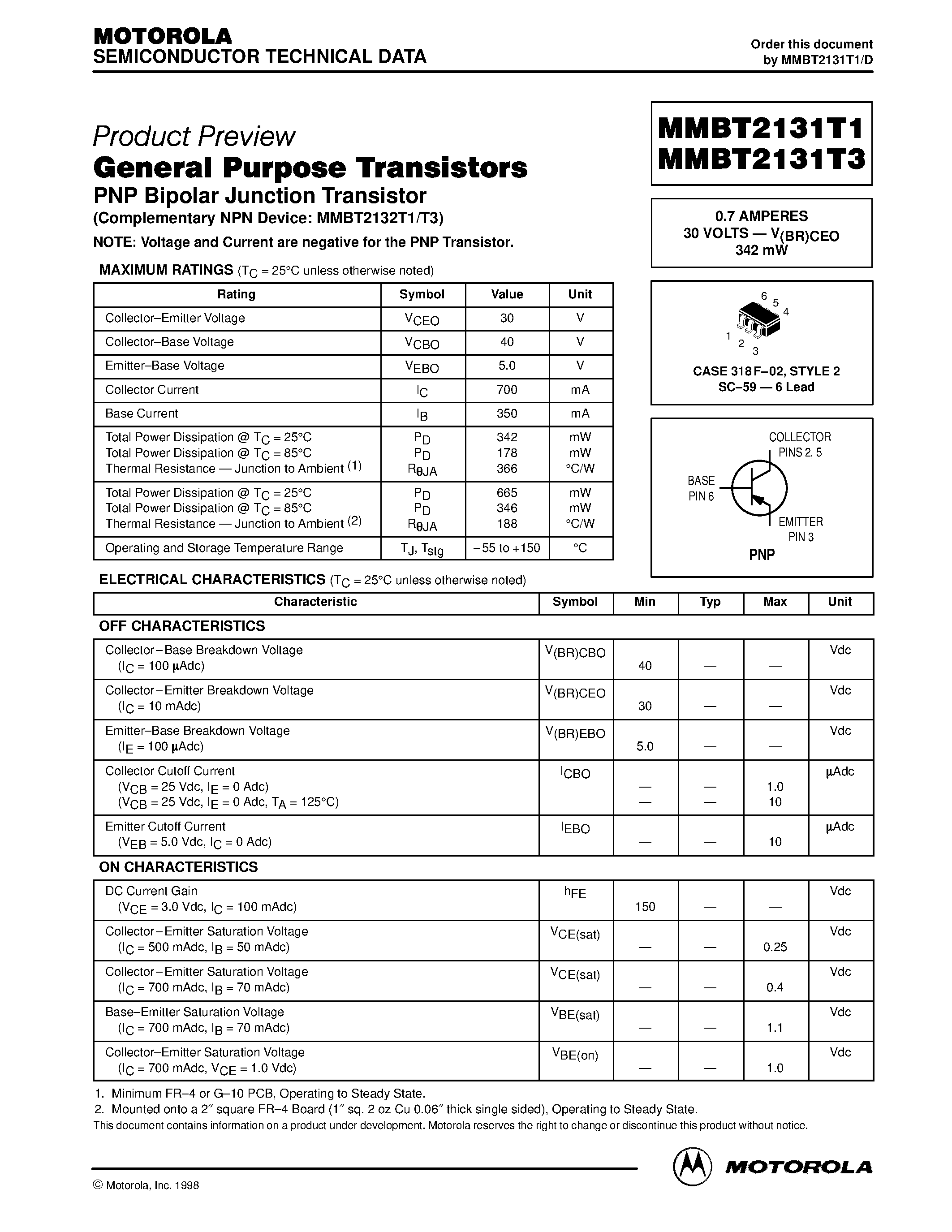 Даташит MMBT2131T1 - General Purpose Transistors страница 1