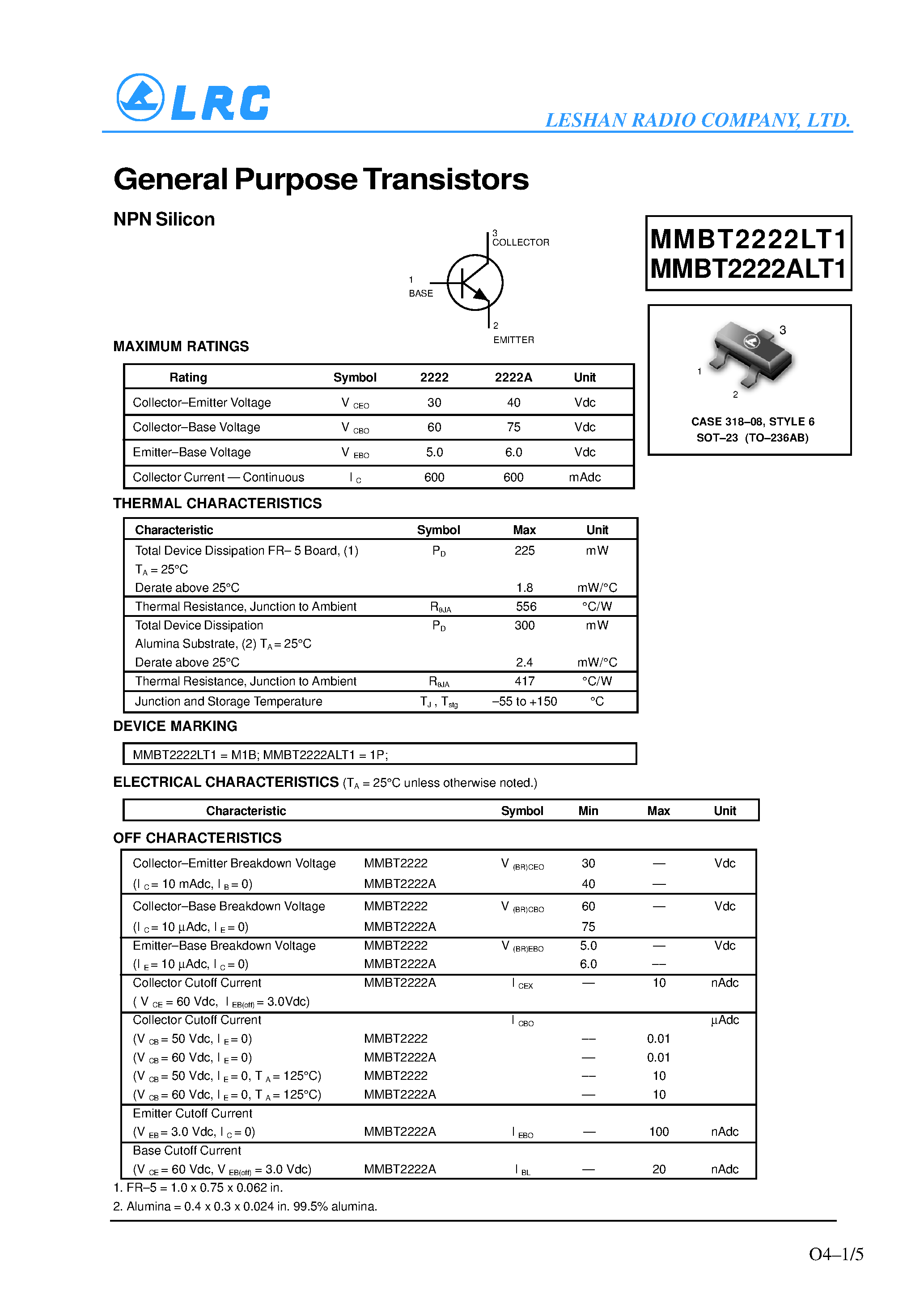 Даташит MMBT2222ALT1 - General Purpose Transistors(NPN Silicon) страница 1