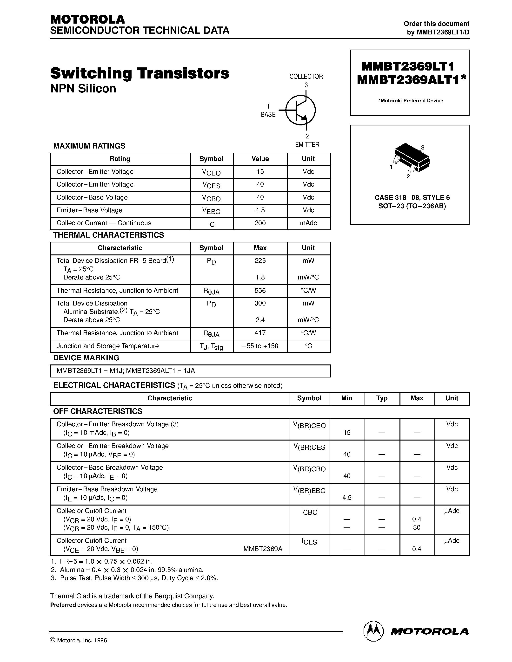 Даташит MMBT2369LT1 - Switching Transistors страница 1
