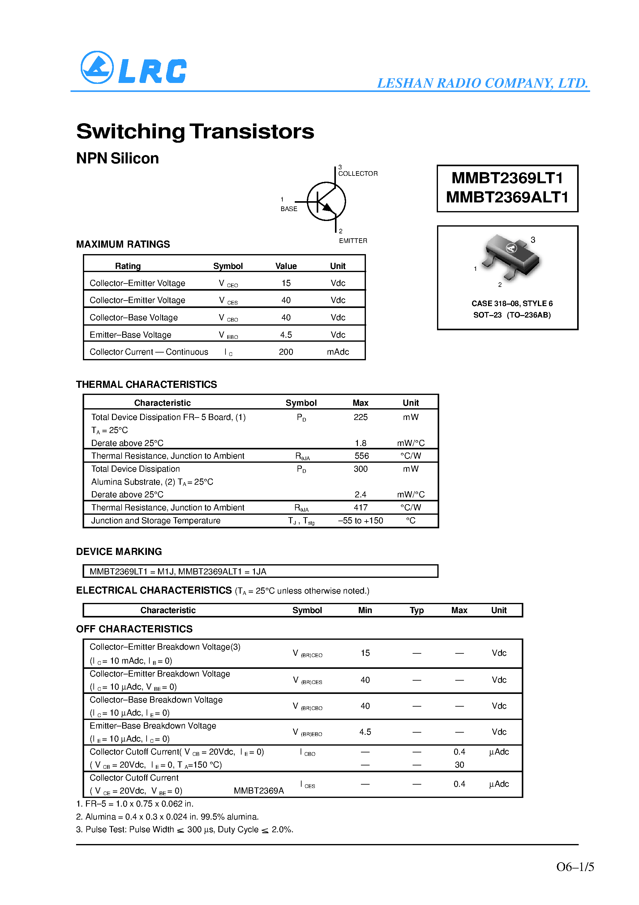 Datasheet MMBT2369LT1 page 1 Datasheet MMBT2369LT1 - Switching Transistors(NPN Silicon) page 1