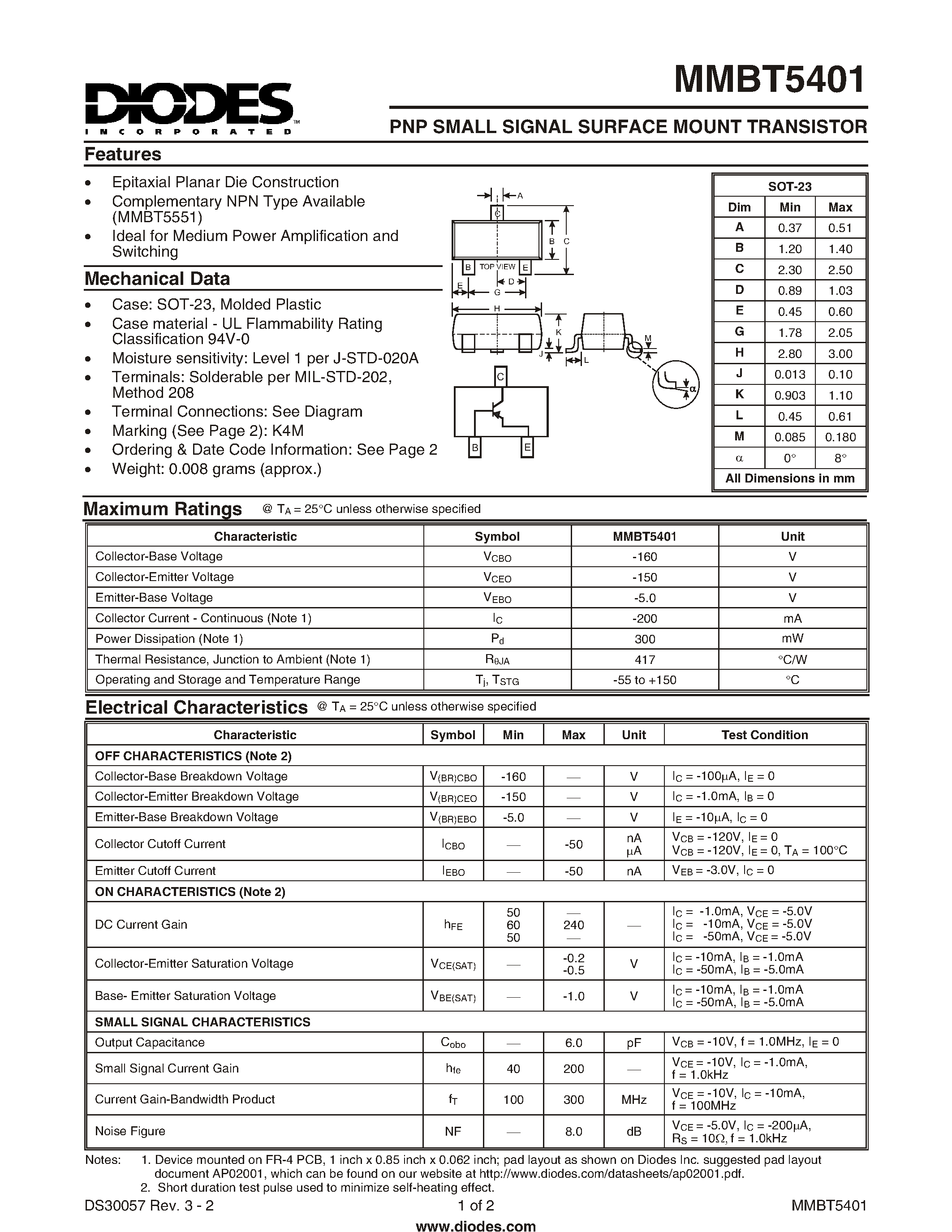 Даташит MMBT5401-7 - PNP SMALL SIGNAL SURFACE MOUNT TRANSISTOR страница 1