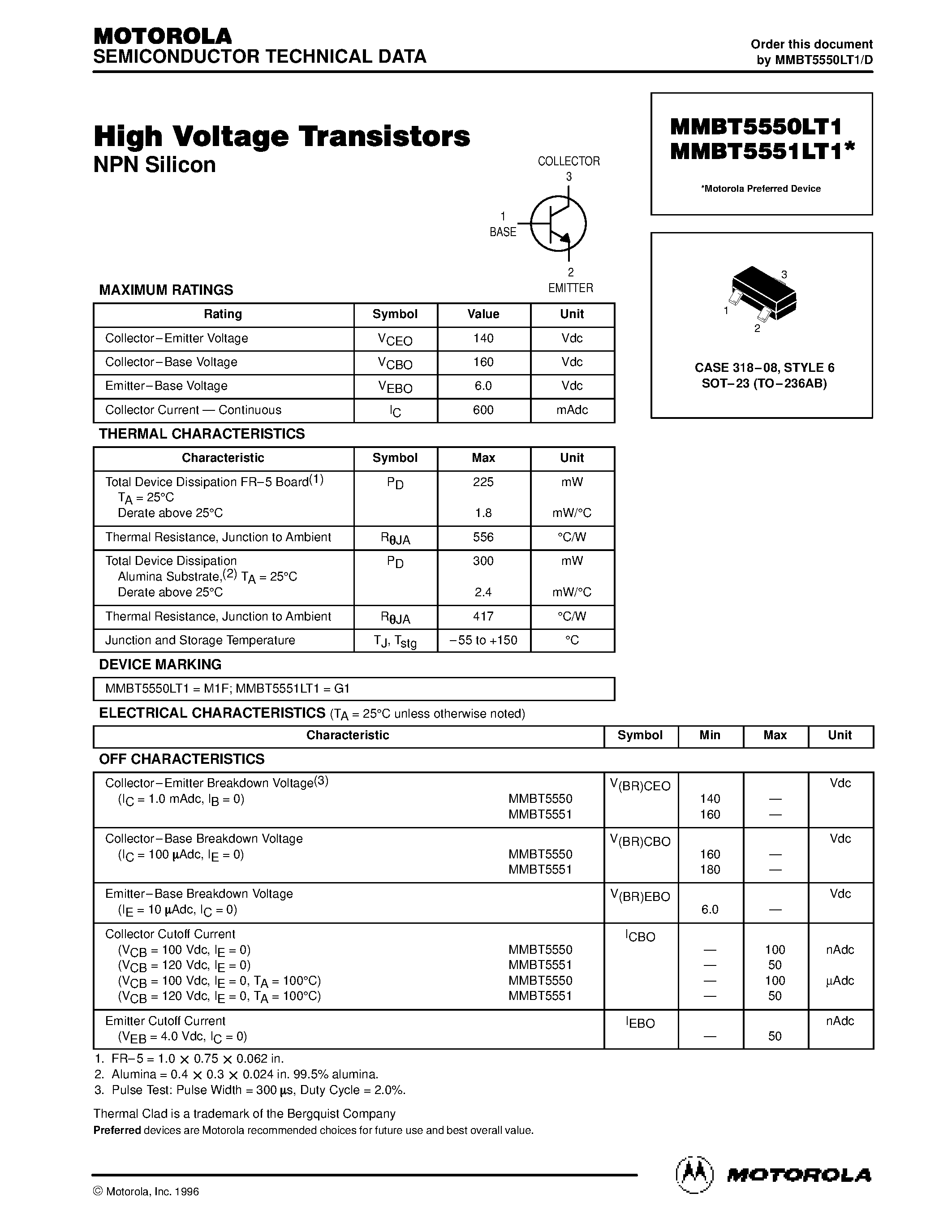 Даташит MMBT5551LT1 - High Voltage Transistors страница 1