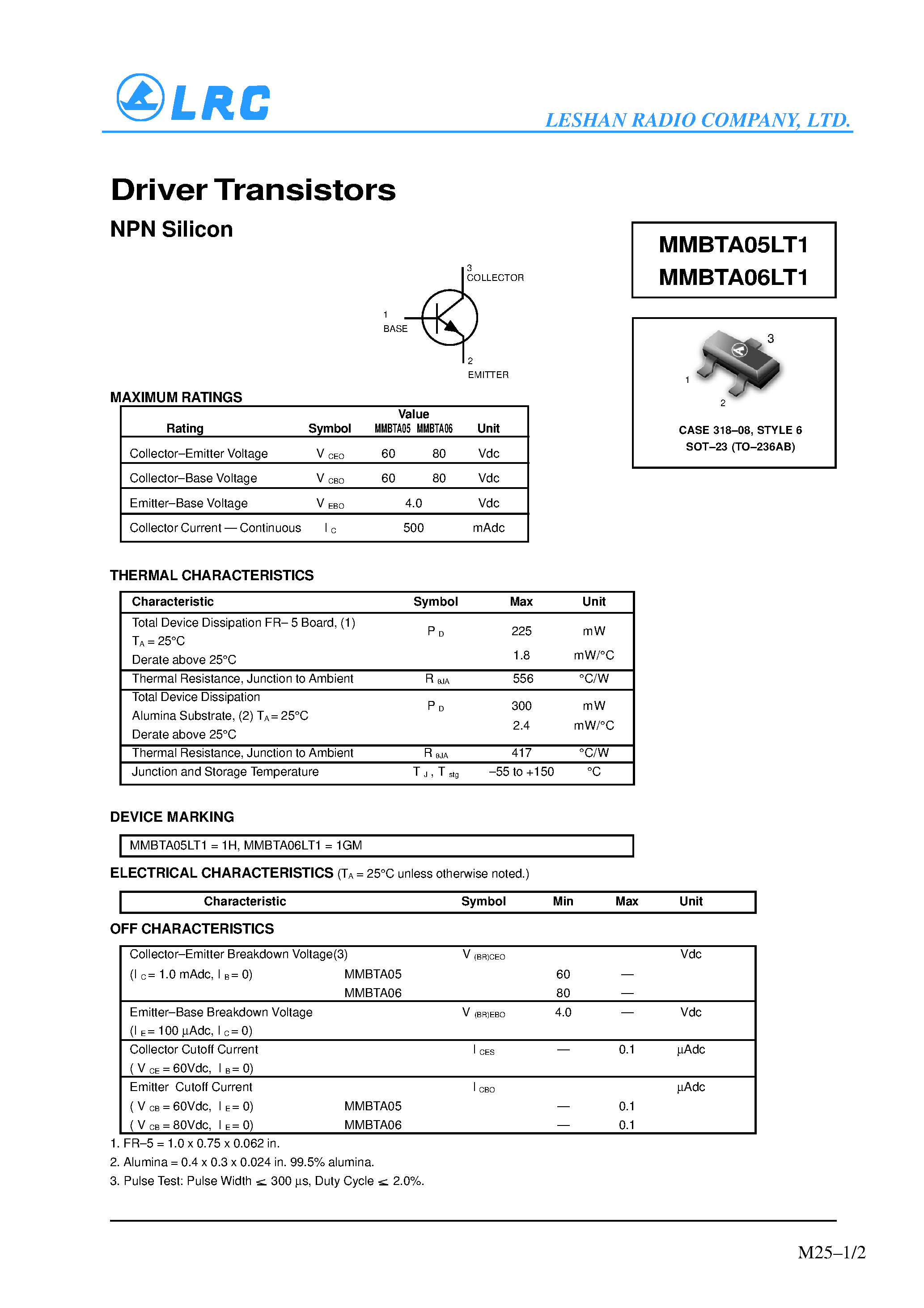 Даташит MMBTA05LT1 - Driver Transistors(NPN Silicon) страница 1