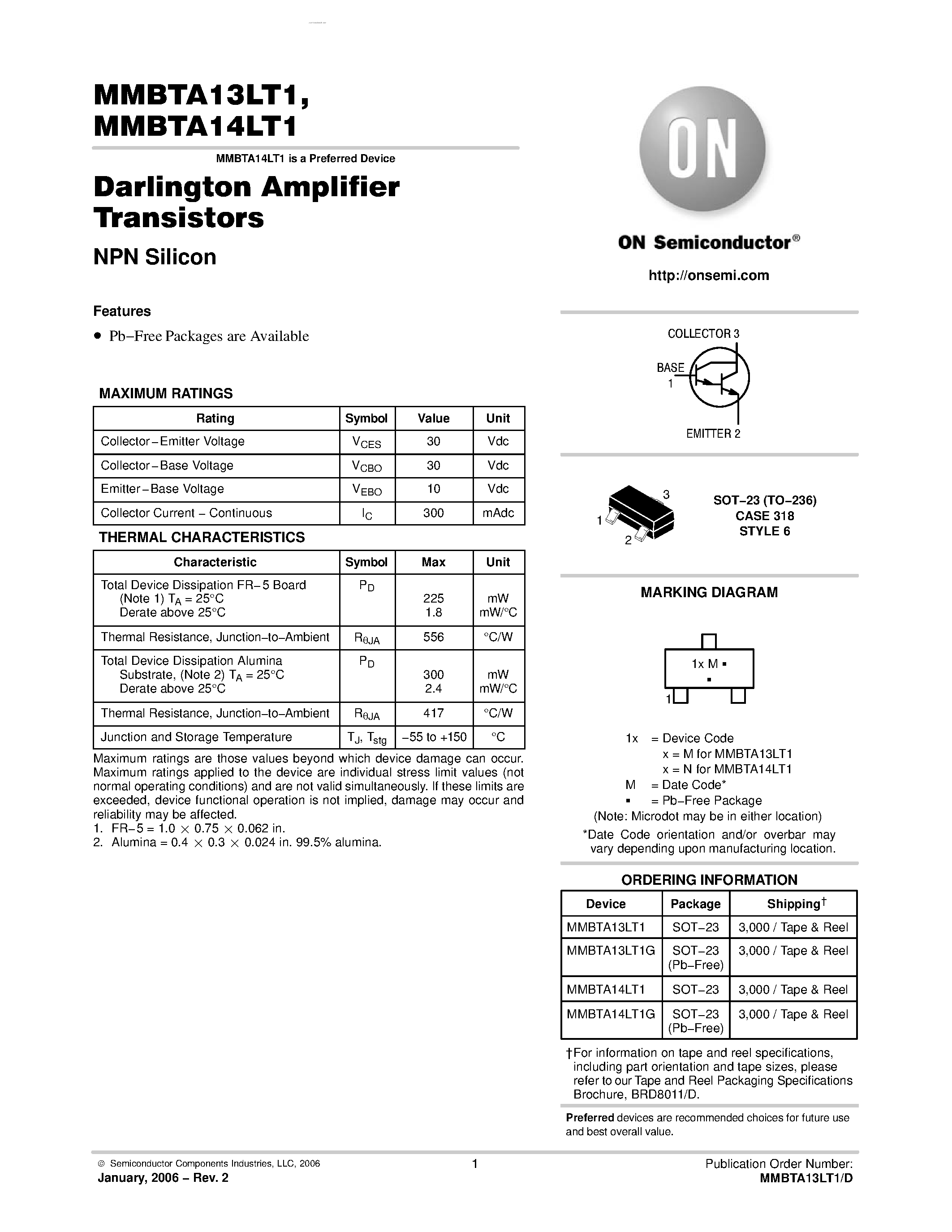 Даташит MMBTA14LT1 - Darlington Amplifier Transistors(NPN Silicon) страница 1
