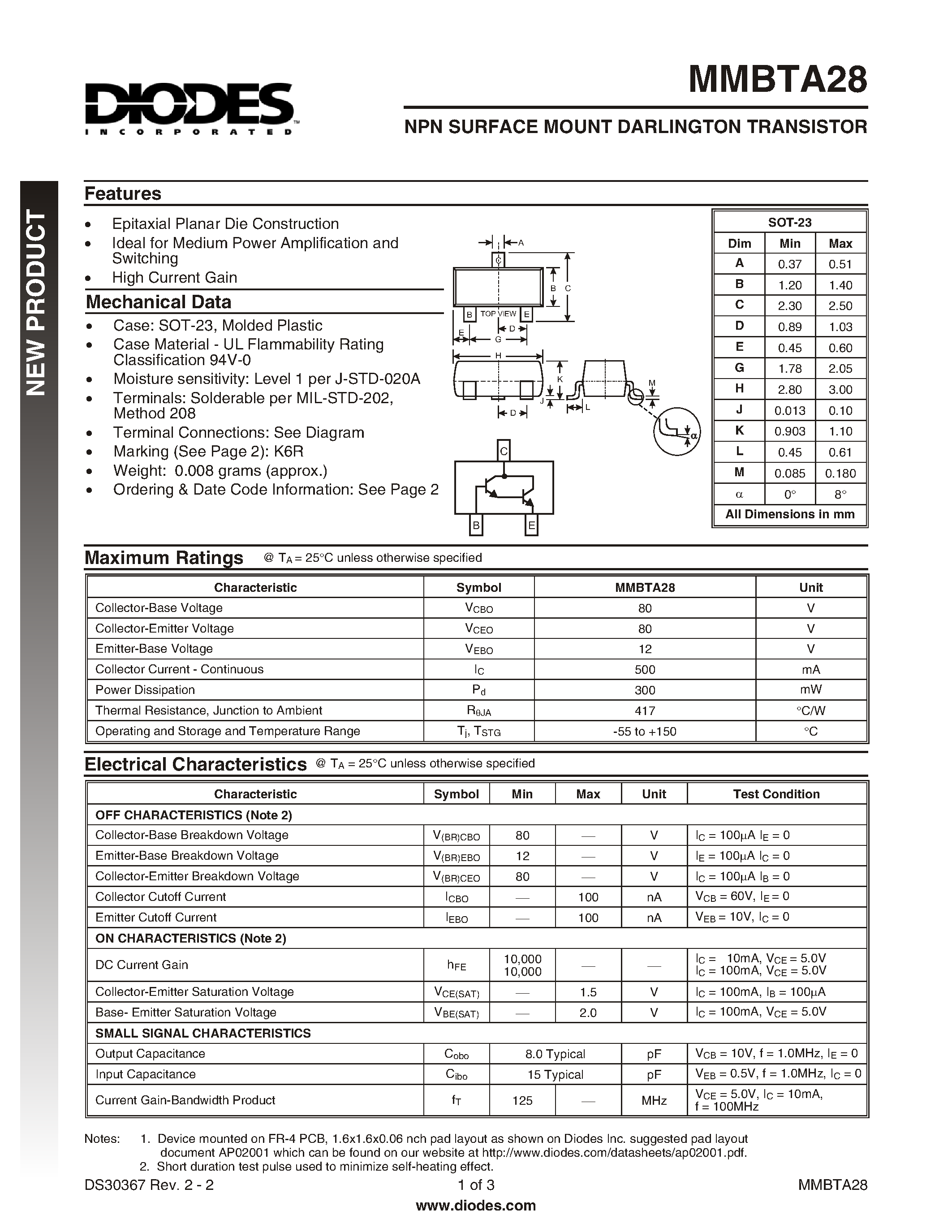 Даташит на микросхему MMBTA28-7 страница 1 Даташит MMBTA28-7 - NPN SURFACE MOUNT DARLINGTON TRANSISTOR страница 1