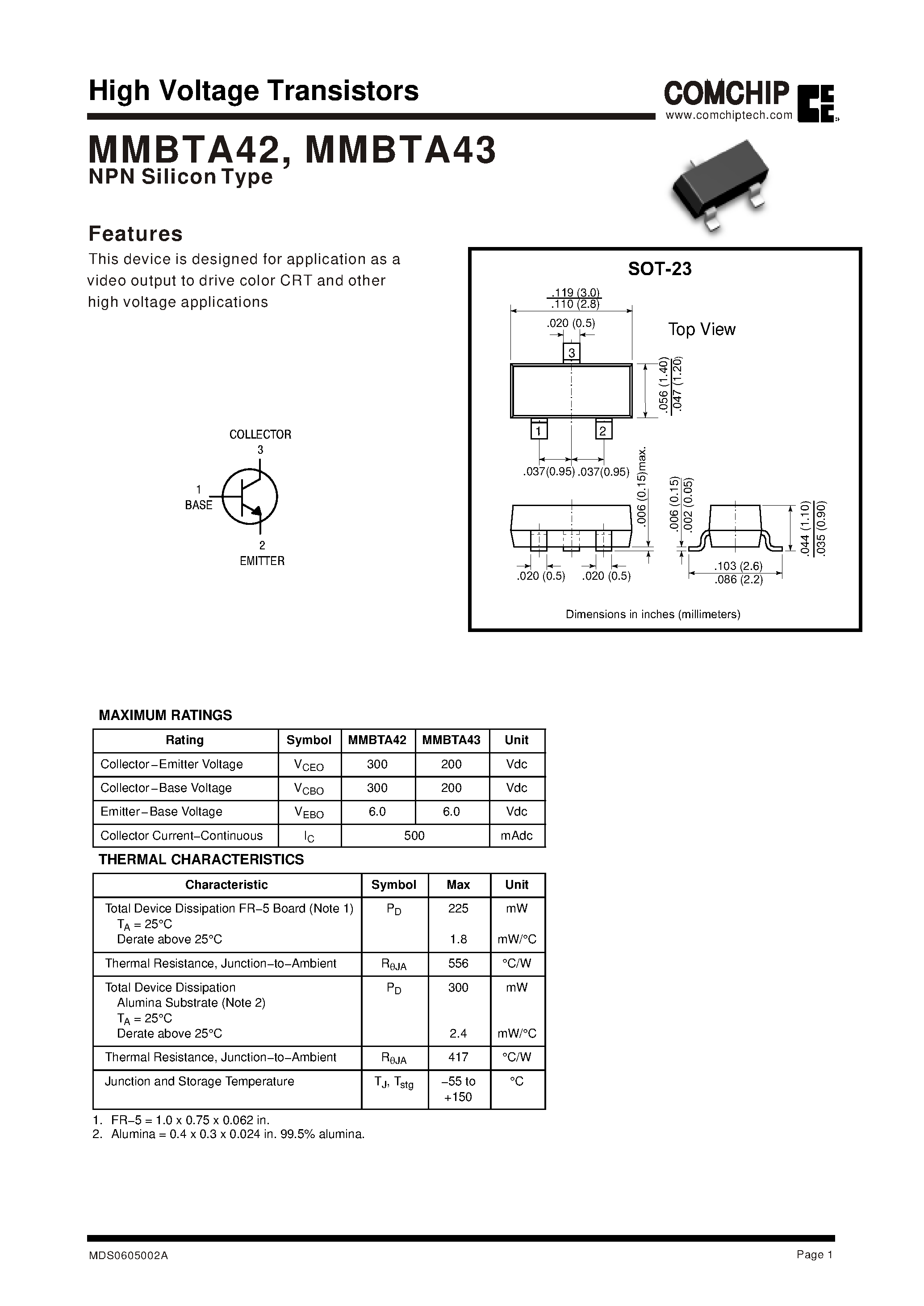Datasheet MMBTA42 page 1 Datasheet MMBTA42 - High Voltage Transistors page 1