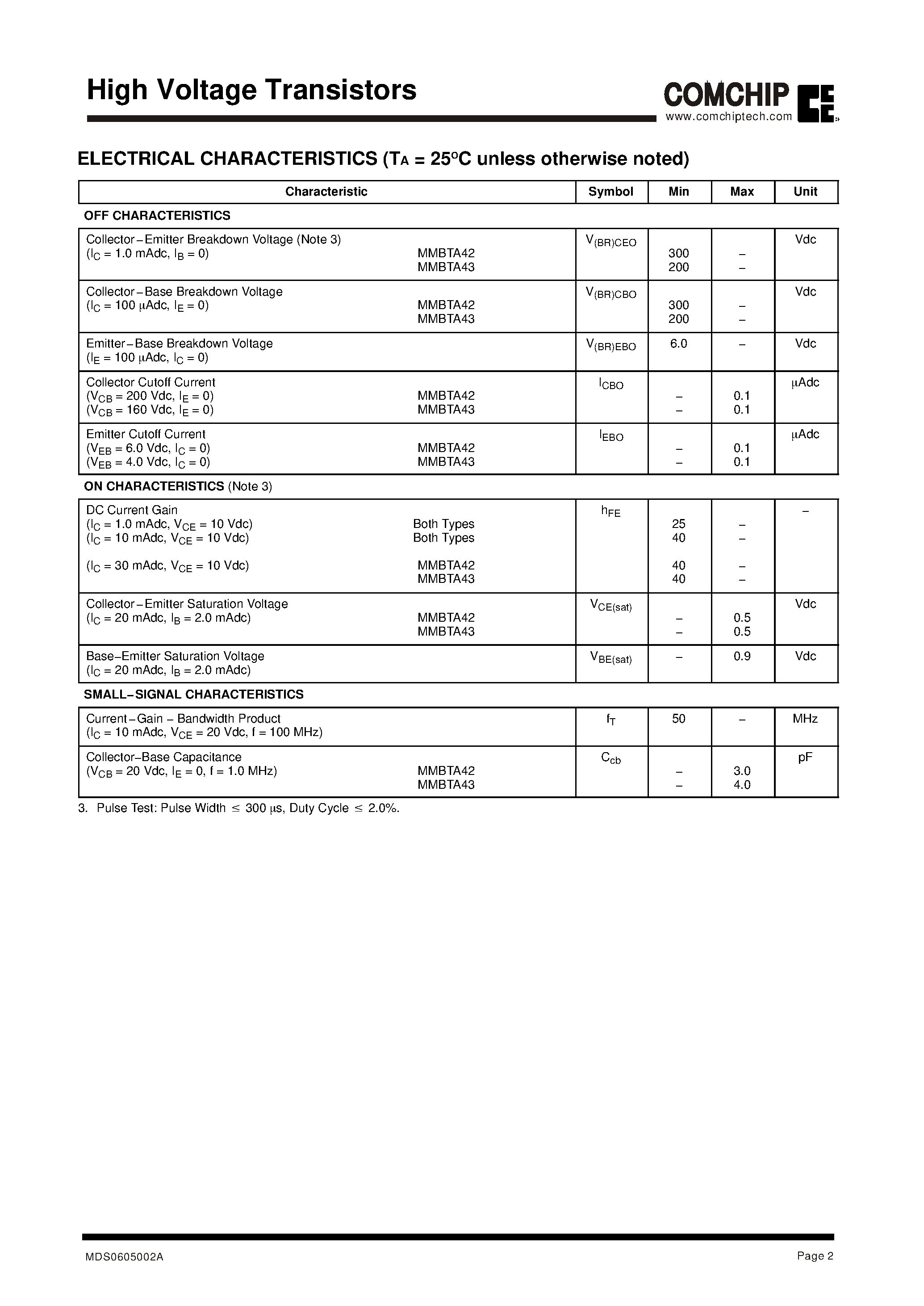 Datasheet MMBTA42 page 2 Datasheet MMBTA42 - High Voltage Transistors page 2
