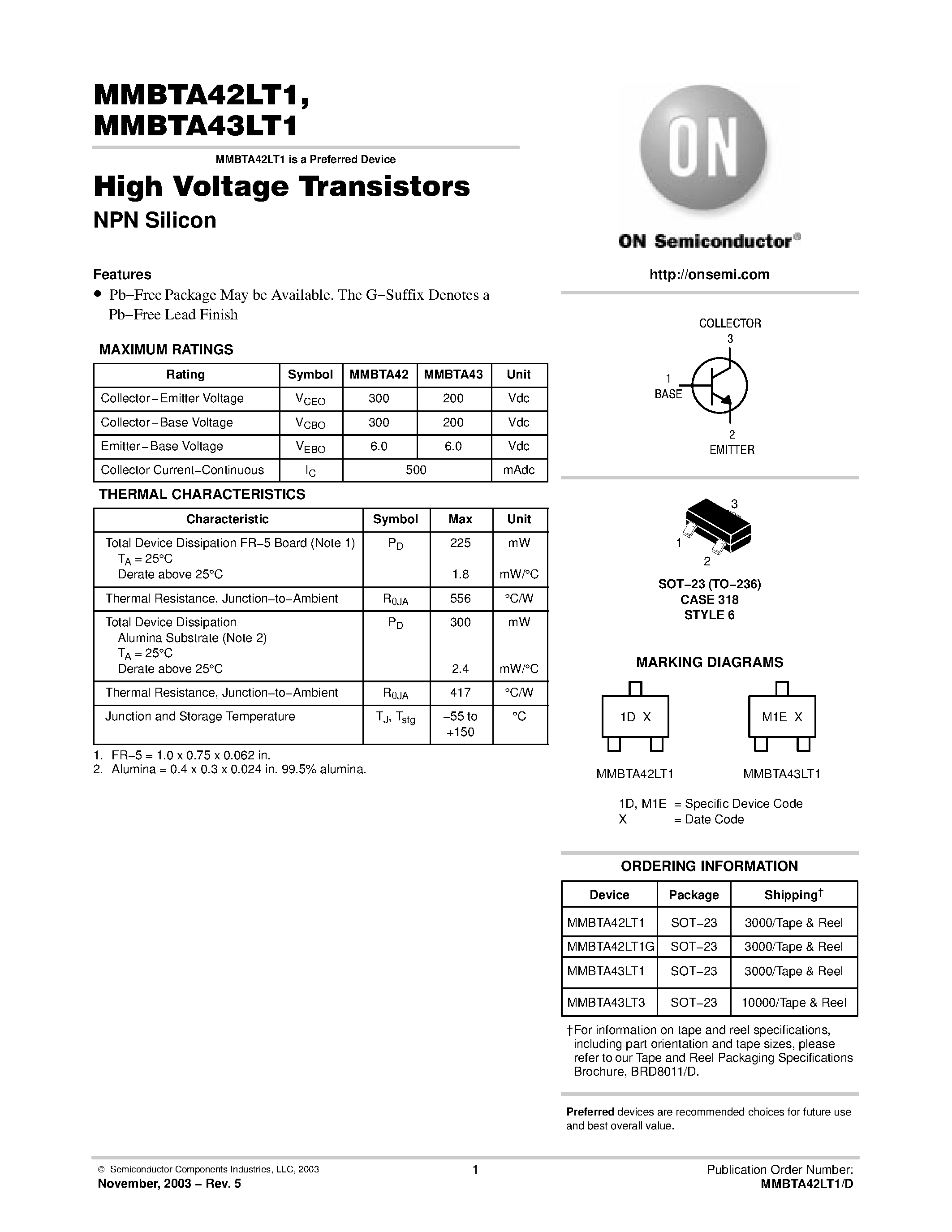 Даташит MMBTA43LT1 - High Voltage Transistors(NPN Silicon) страница 1