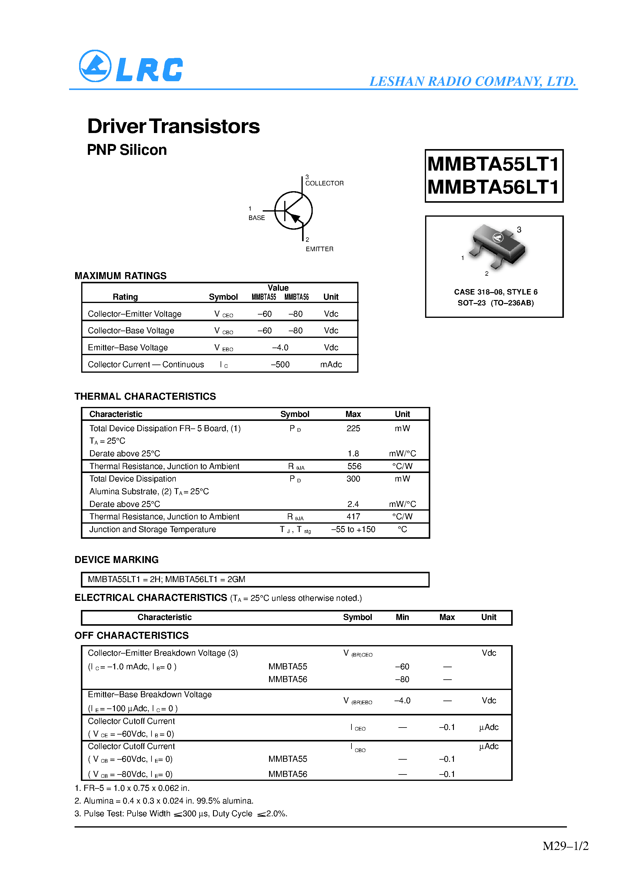 Даташит MMBTA55LT1 - Driver Transistors(PNP Silicon) страница 1