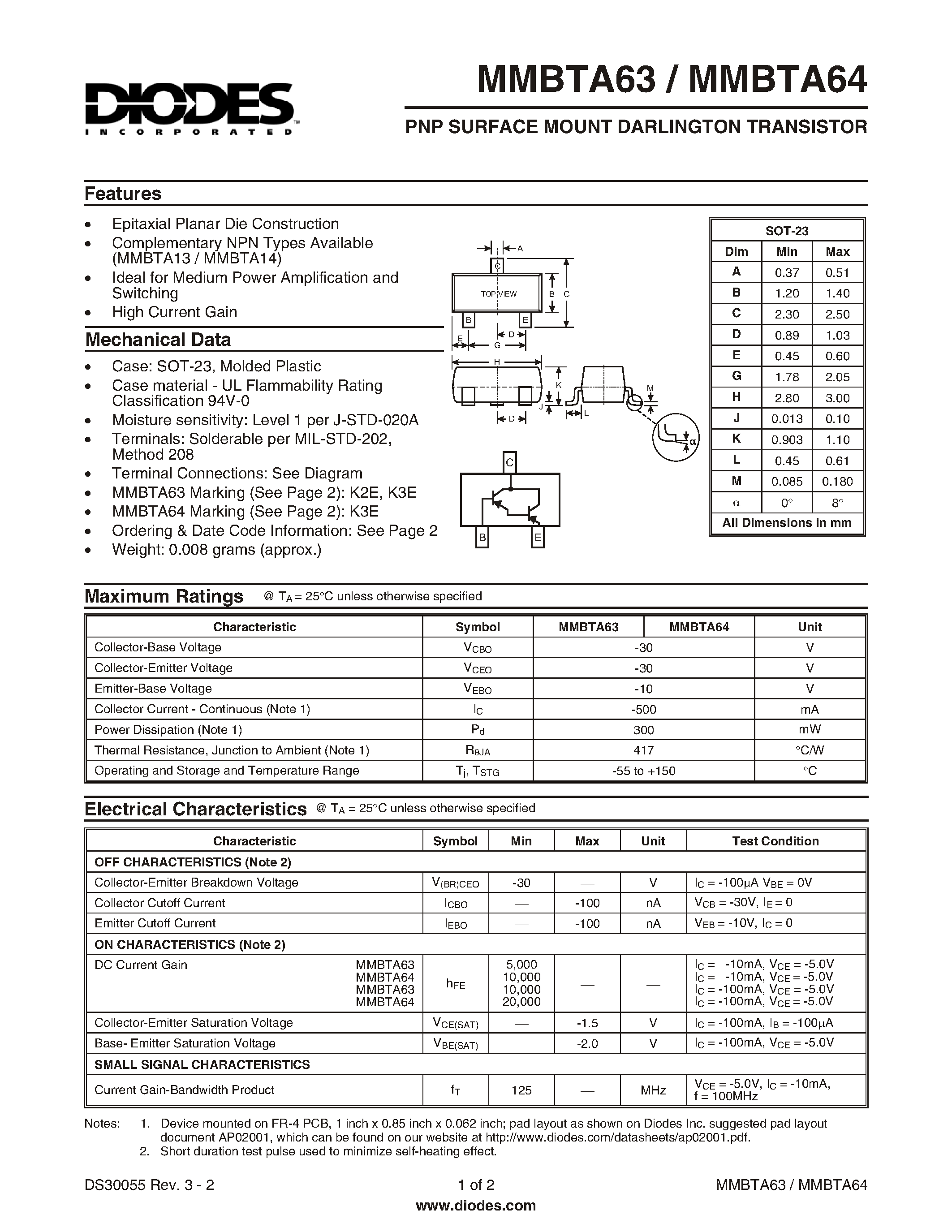 Datasheet MMBTA63-7 - PNP SURFACE MOUNT DARLINGTON TRANSISTOR page 1