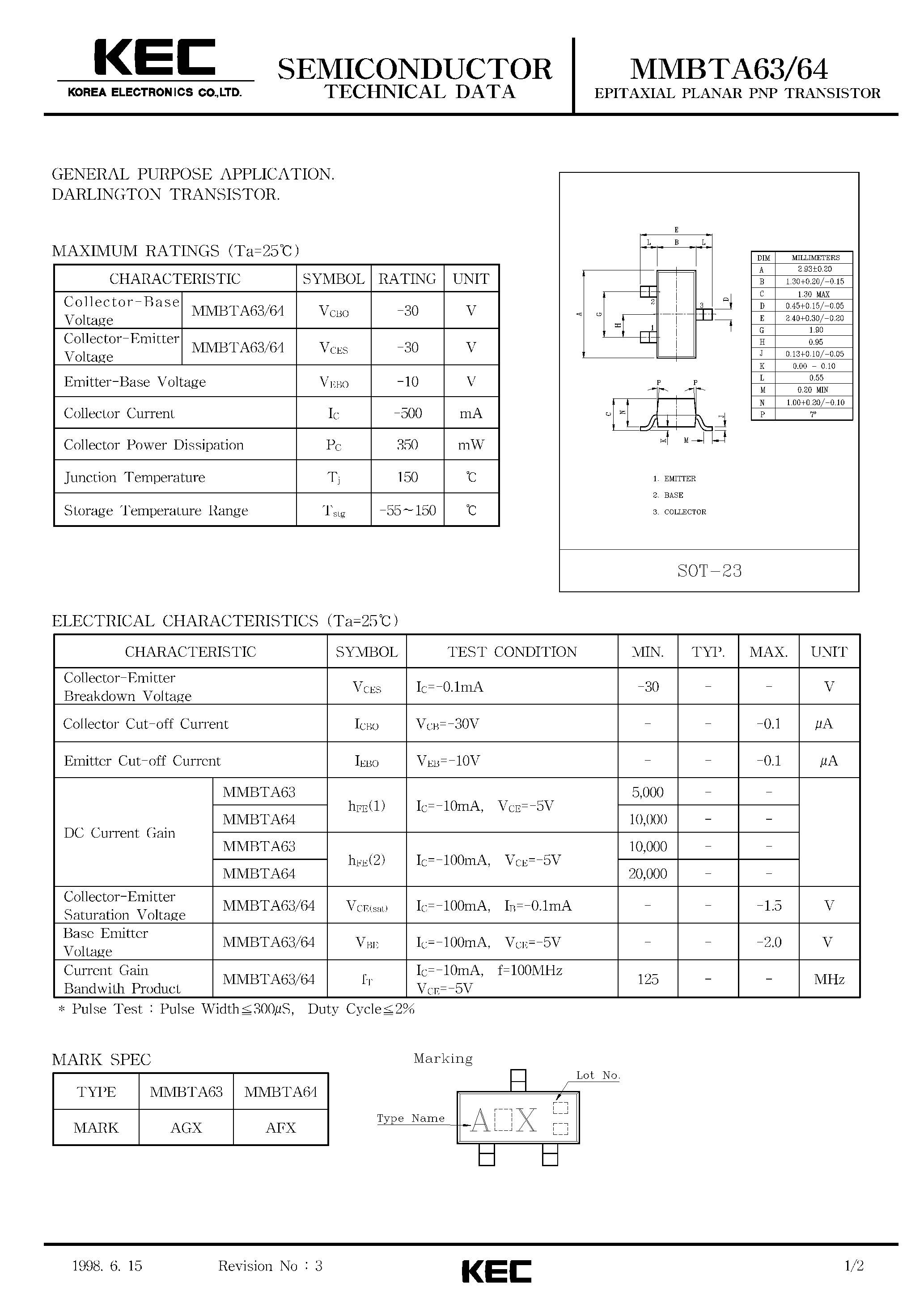 Datasheet MMBTA64 - EPITAXIAL PLANAR PNP TRANSISTOR (GENERAL PURPOSE DARLING TON TRANSISTOR) page 1