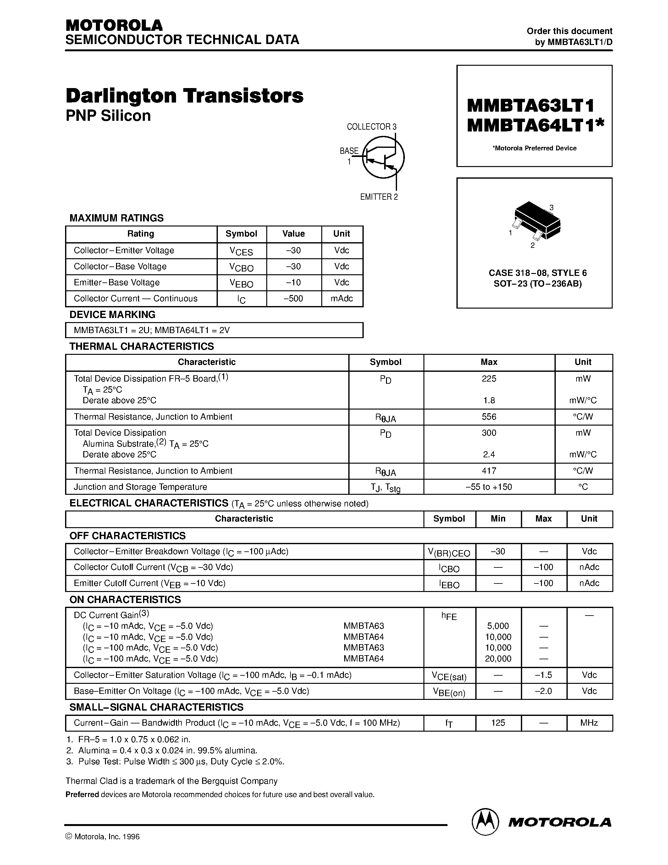 Datasheet MMBTA64LT1 page 1 Datasheet MMBTA64LT1 - Darlington Transistors page 1