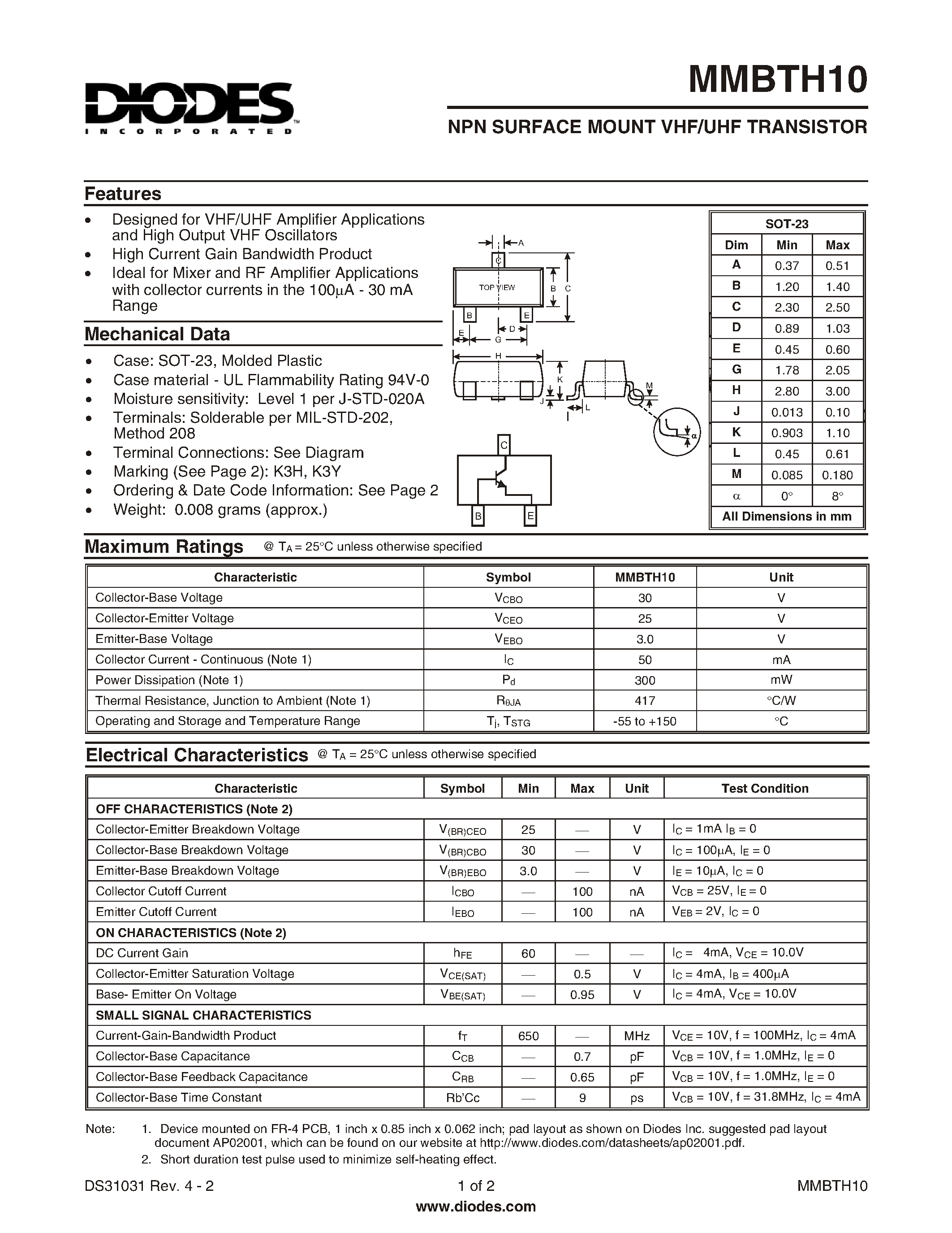 Datasheet MMBTH10 page 1 Datasheet MMBTH10 - NPN SURFACE MOUNT VHF/UHF TRANSISTOR page 1