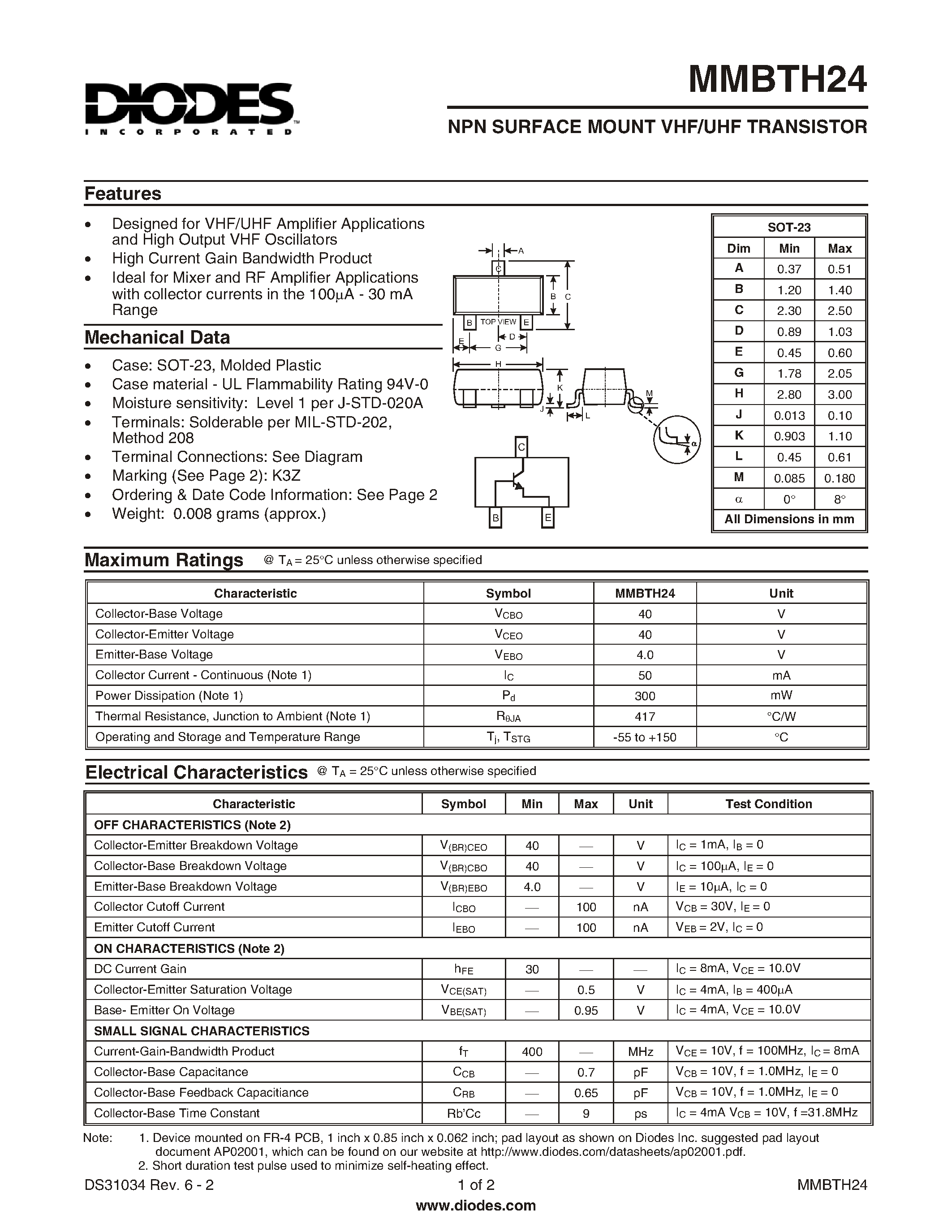 Datasheet MMBTH24-7 - NPN SURFACE MOUNT VHF/UHF TRANSISTOR page 1